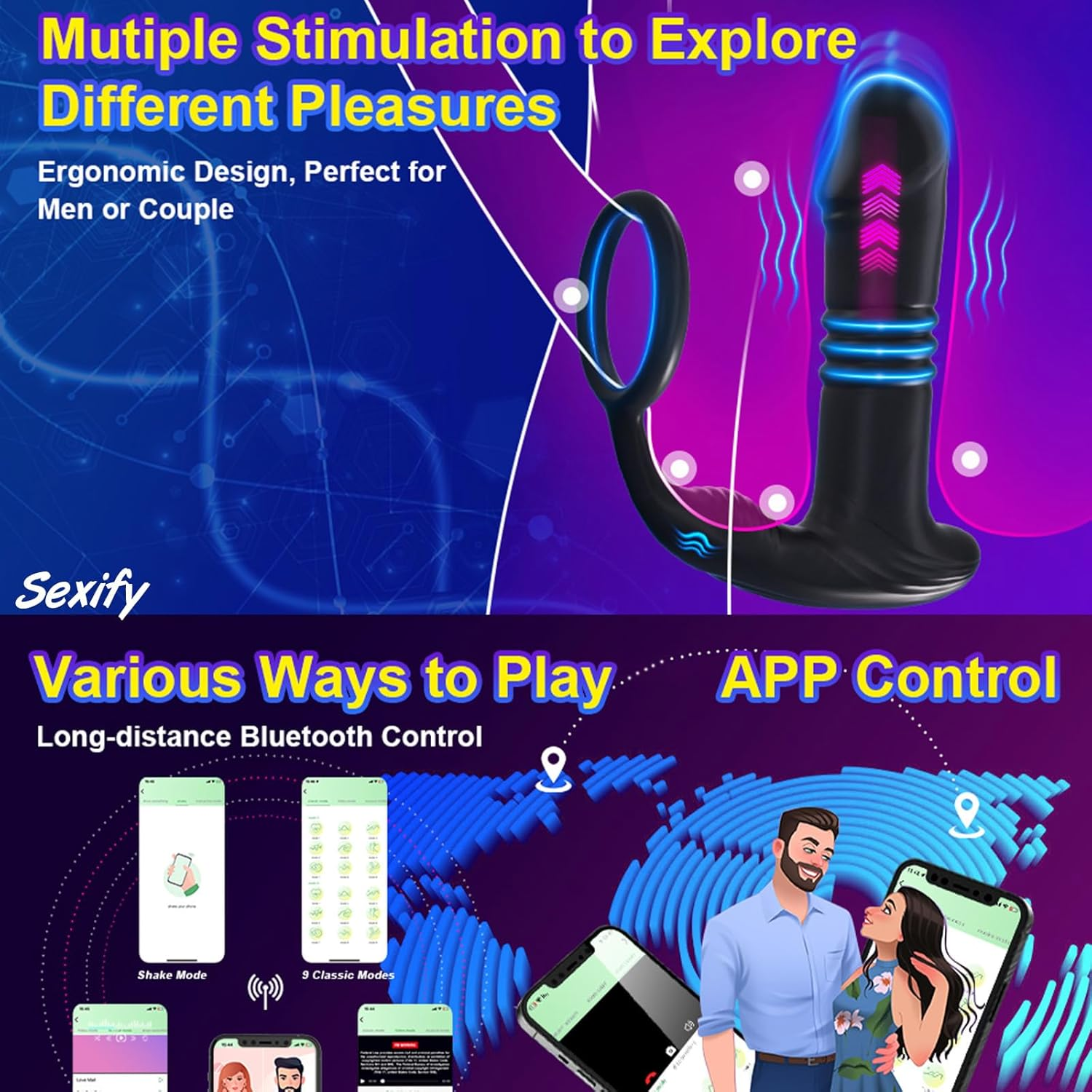 Thrusting Anal Vibrator Prostate Massager - Cock Ring Anal Toy Butt Plug with Thrust & Vibration Modes, App Control Anal Male P Spot Telescopic Prostate Massager Dildo for G-Spot Men Couples Waterproof Adult Sex Toy