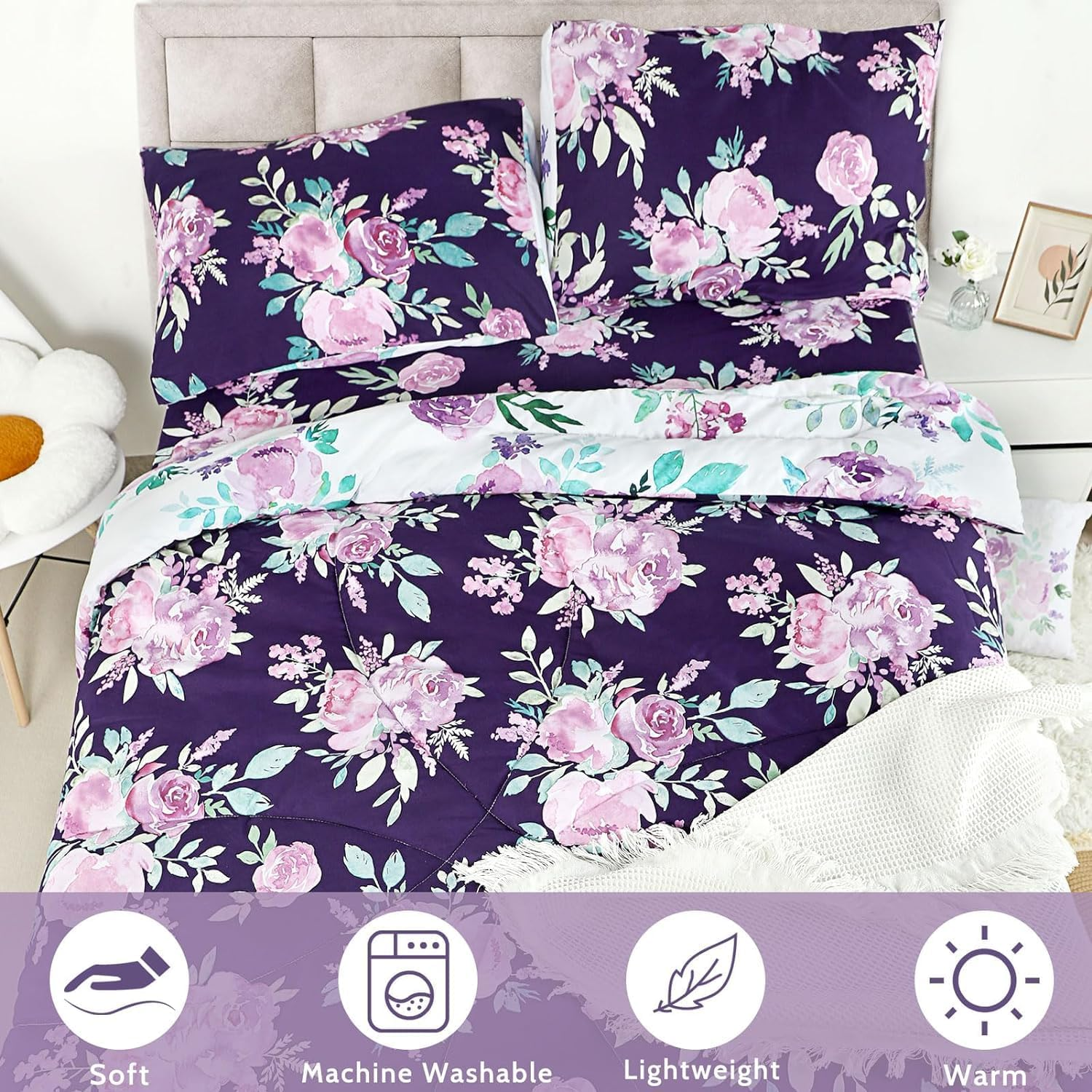 TANOFAR Queen Comforter Set, Purple Bedding Comforter Sets, All Season Bed Set Queen Size, 3 Pieces, 1 Soft Reversible Flowers Comforter and 2 Pillow Shams, Cozy & Lightweight image number 2