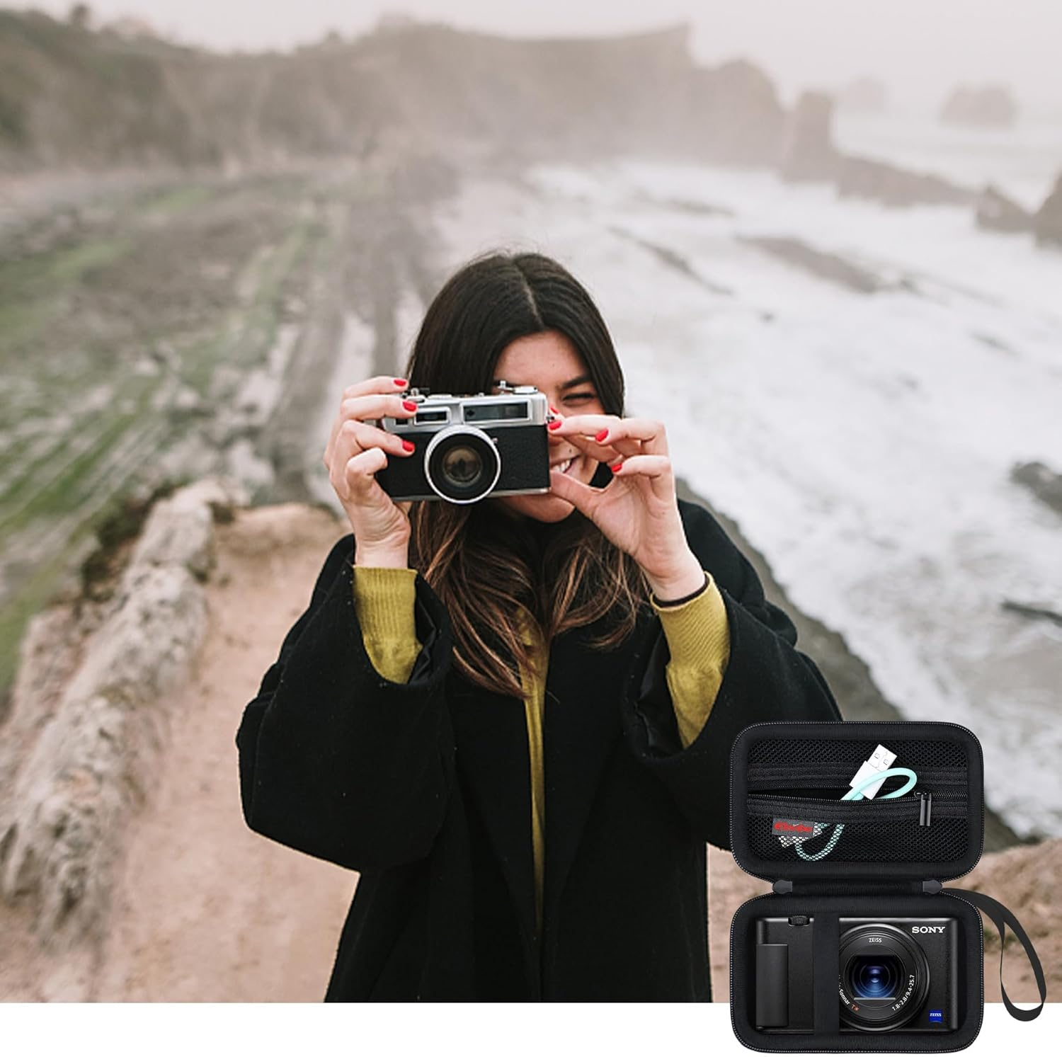 Elonbo Carrying Case for Sony ZV-1F/ ZV-1 II/ZV-1 Vlog Digital Camera for Content Creators, Sony ZV1 Vlogging Camera Hard Travel Bag, Mesh Pocket Fits Battery Card Reader Cable, Black - Black image number 4