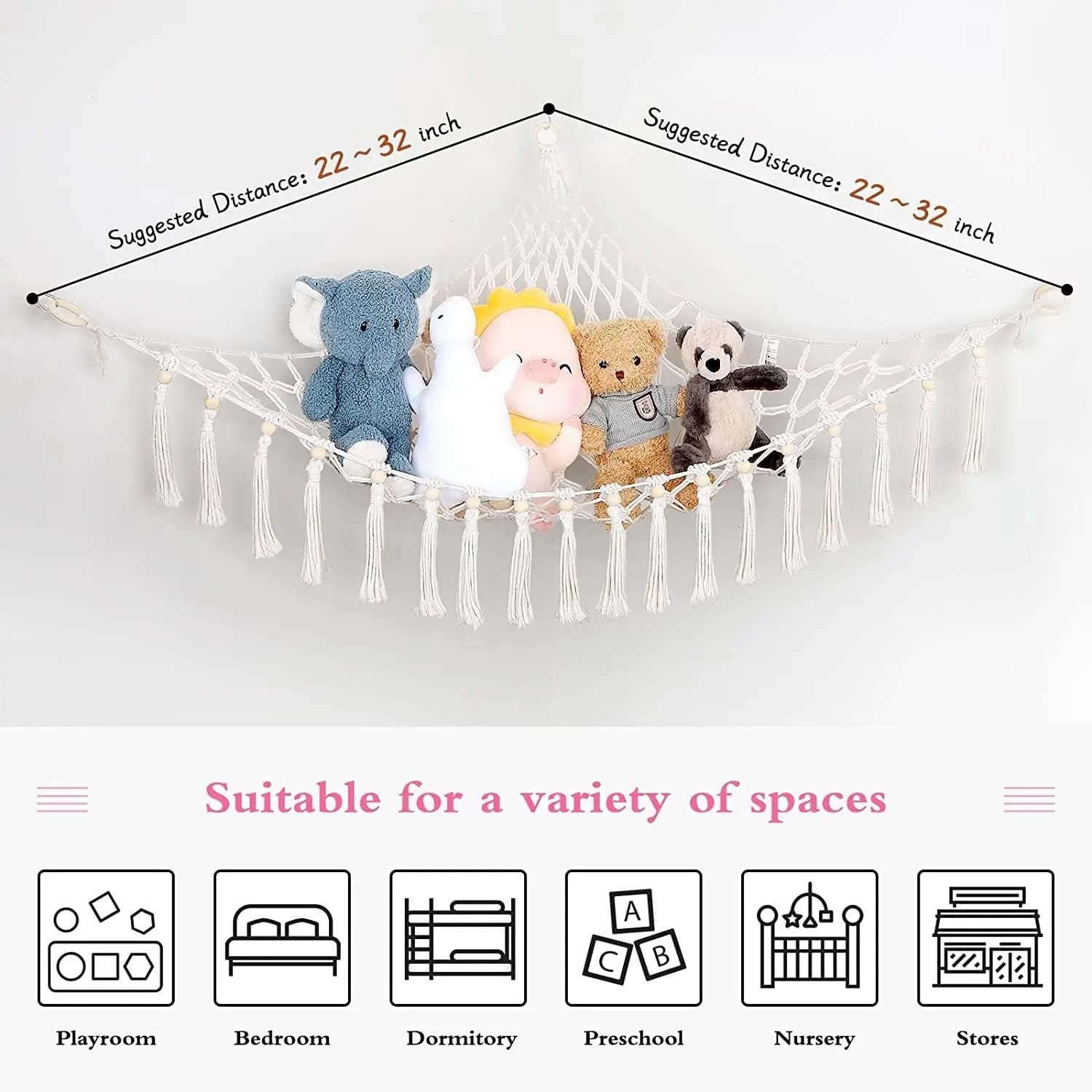 Stuffed Animal Toy Hammock Corner Organizer Display Rack - Bohemian Net Bag for Hanging Toys - 44 in Tassel Storage Rack image number 4