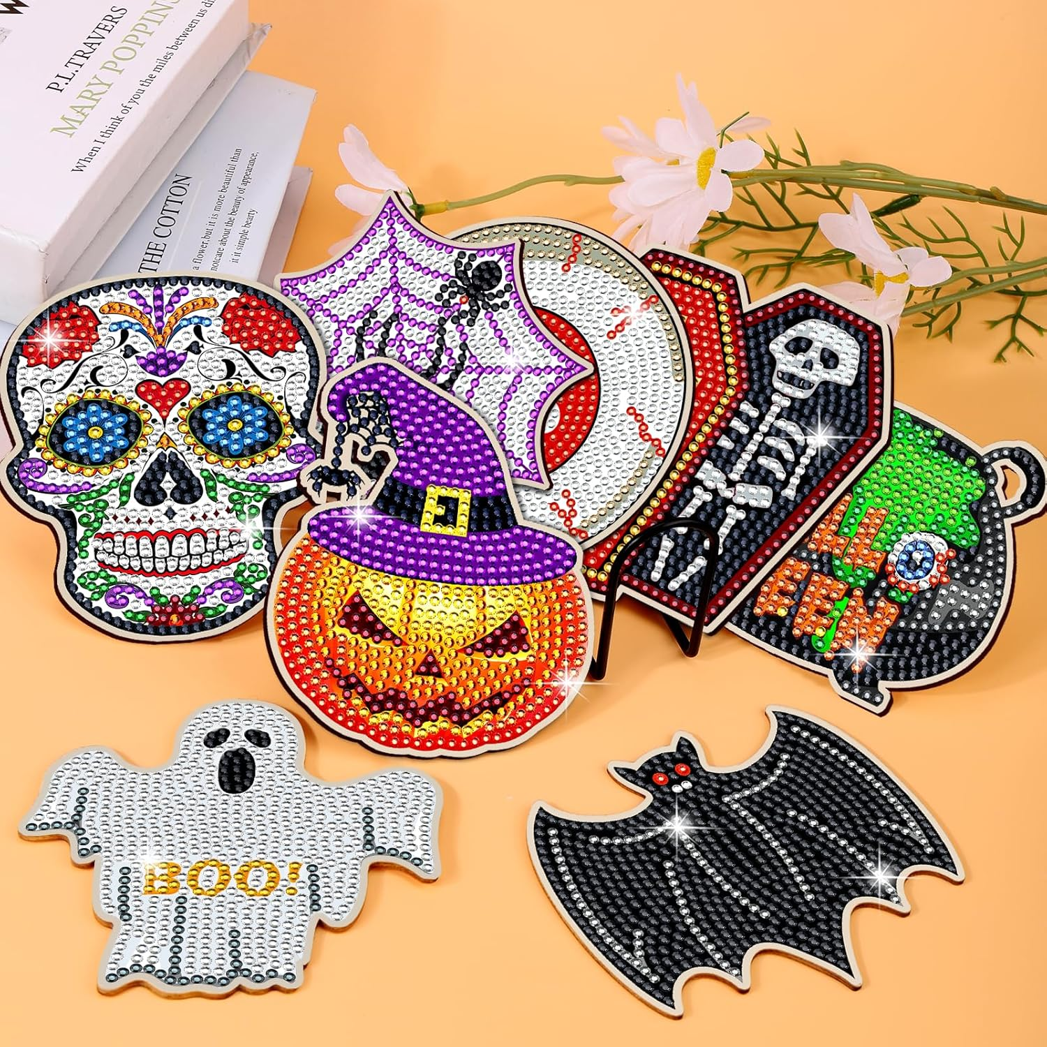 8 Pcs Halloween Diamond Art Kits for Adults, Skull Crafts Coasters and Accessories - Cork Coasters image number 4