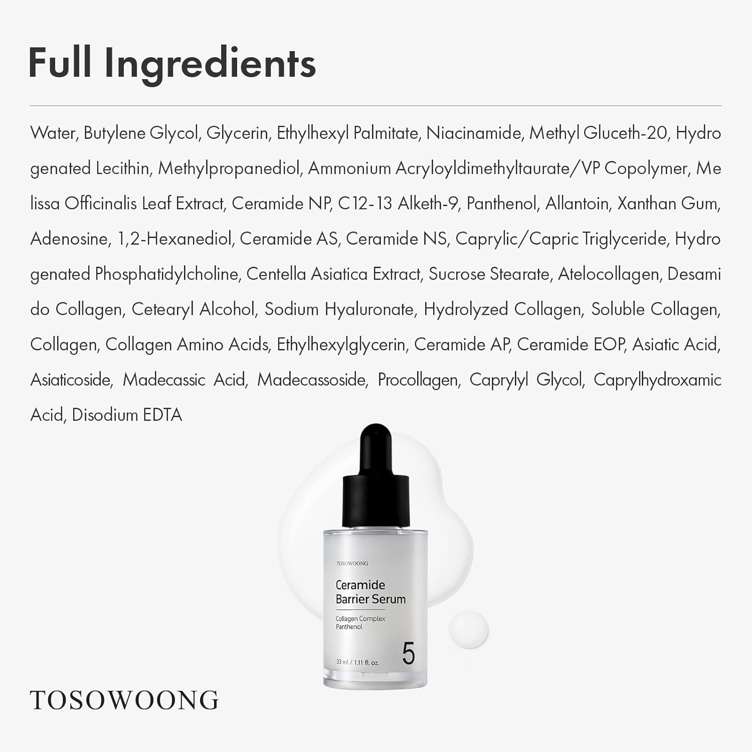 TOSOWOONG Ceramide Barrier Serum, Hydrating Serum for Face, 2,000Ppm Ceramide Complex, Niacinamide, Collagen, Panthenol, Centella, Glass Skin, Fragrance-Free, Korean Skin Care, 33 Ml / 1.11 Fl. Oz. image number 1
