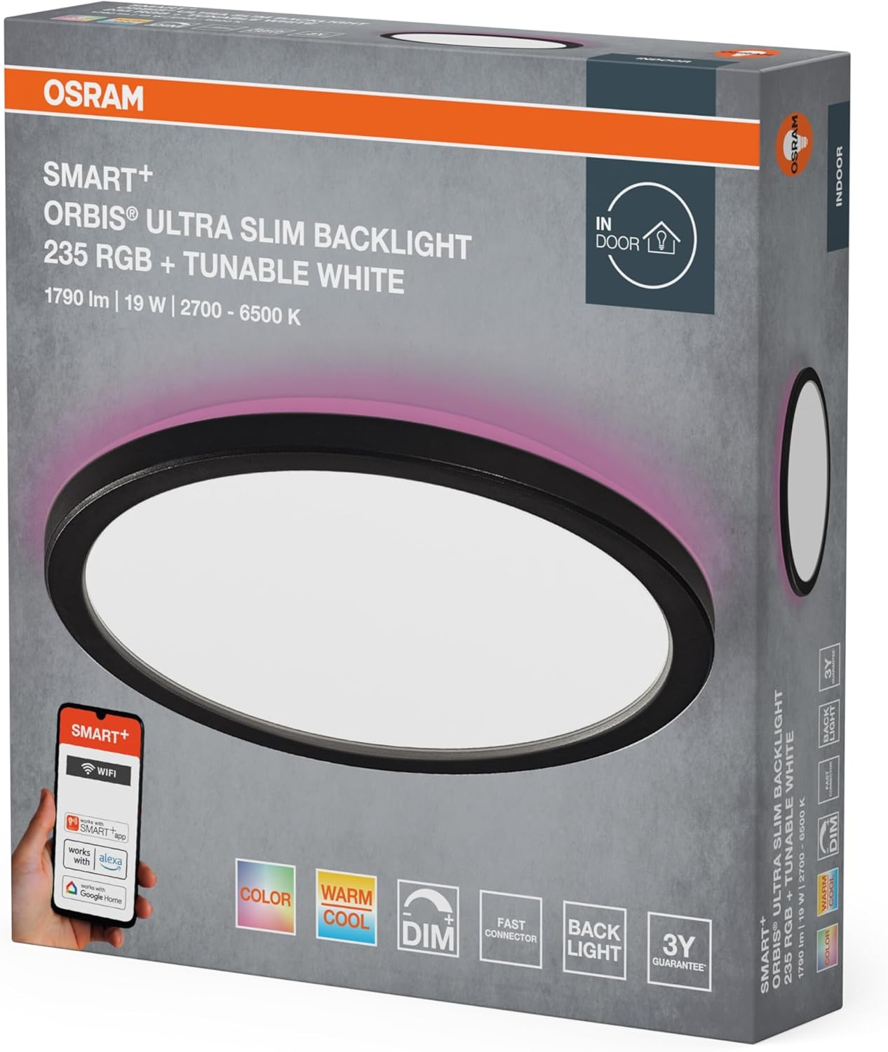 OSRAM Smart+ Orbis Wifi Panel Light, Black, 19 W, 1790 Lm, 235 Mm, Adjustable White Light (2700 K-6500 K), Frame with RGB Colour Light, Dimmable, Controllable via App, Compatible with Amazon, Google image number 2