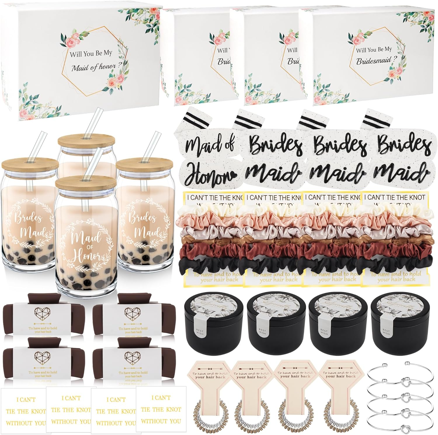 Mhoel 40Pcs Bridesmaid Proposal Box Gifts Set of 4 Will You Be My Maid of Honor Proposal Gifts Set Rectangular Hair Clips Soft Socks Scented Candle Bridesmaid Scrunchies Spiral Hair Ties Bridal Shower