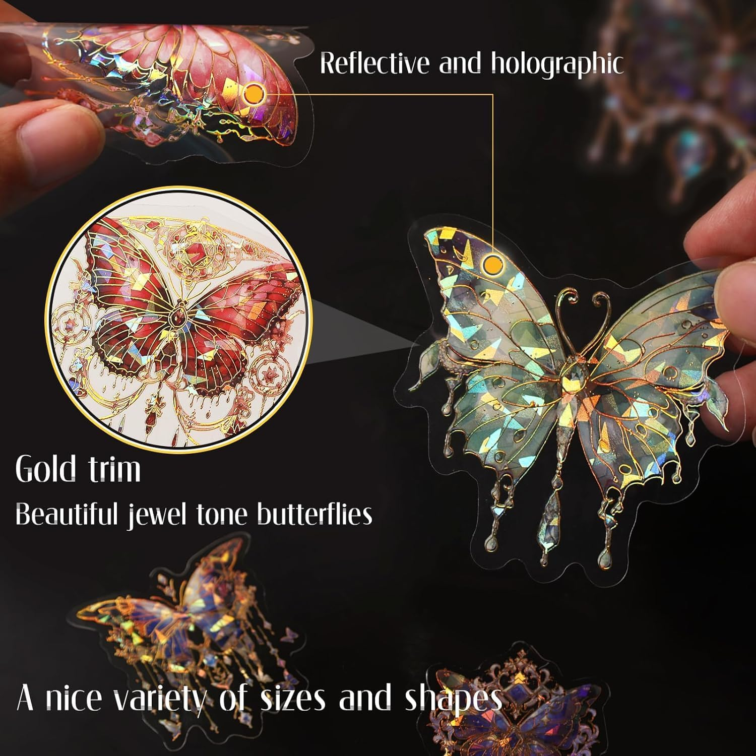 Butterfly Stickers Set - 120 Pcs Transparent Holographic Stickers for Scrapbooking, Resin Art, Junk Journals | Waterproof UV DTF Decals, Bullet Journal, Planner | Crystal, Fairy & Animal Themes image number 3