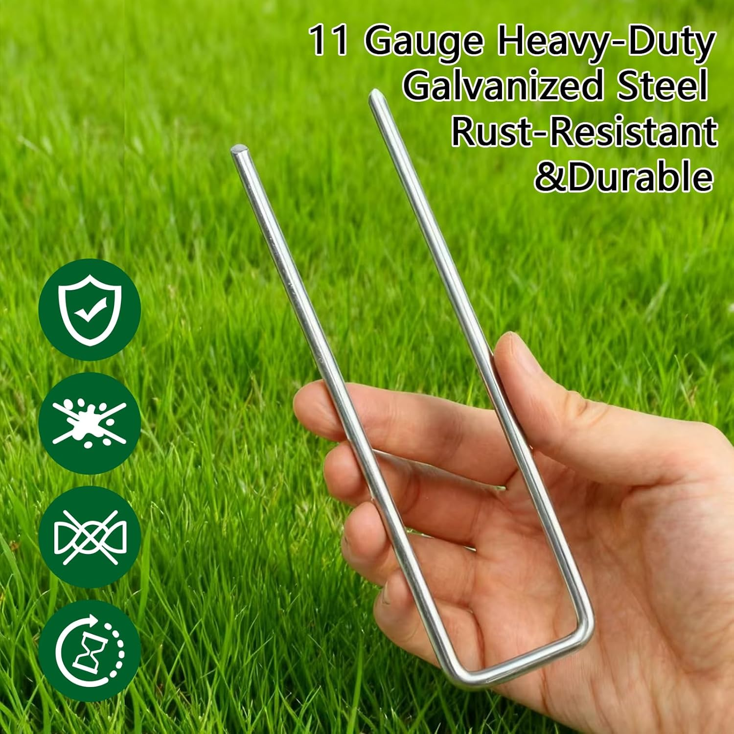 Garden Stakes, 6 Inch 11 Gauge 100Pcs Galvanized Landscape Staples + 100Pcs Plastic Gaskets + 1 Pick Hook, Heavy Duty Sod Pins Landscape Pins Lawn Stakes for Weed Barrier Fabric, Ground Cover, Fence image number 5