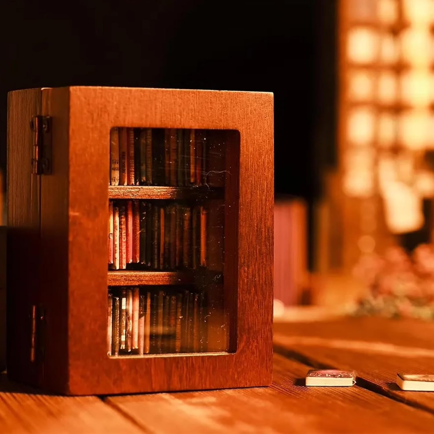 Miniature Book Library Decoration, Pocket Anxiety Bookshelf with 60 Mini Books, Handmade Antique Style Storage Display (Brown) - Blue image number 5