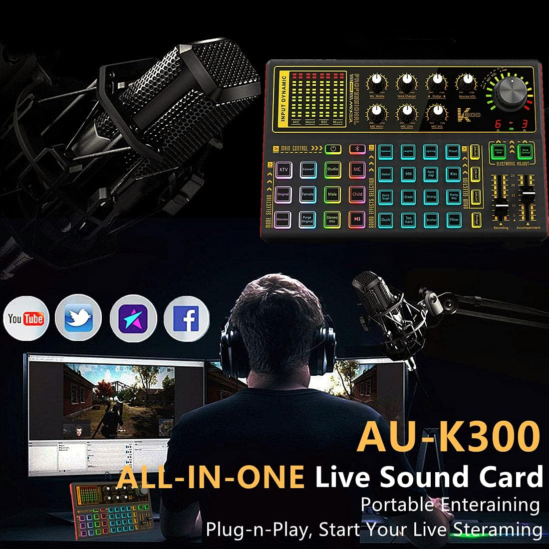 Professional Audio Mixer, K300 Live Sound Card and Audio Interface Sound Board with Multiple DJ Mixer Effects,Voice Changer and LED Light, Prefect for Streaming/Podcasting/Gaming/Recording/Youtube/Pc