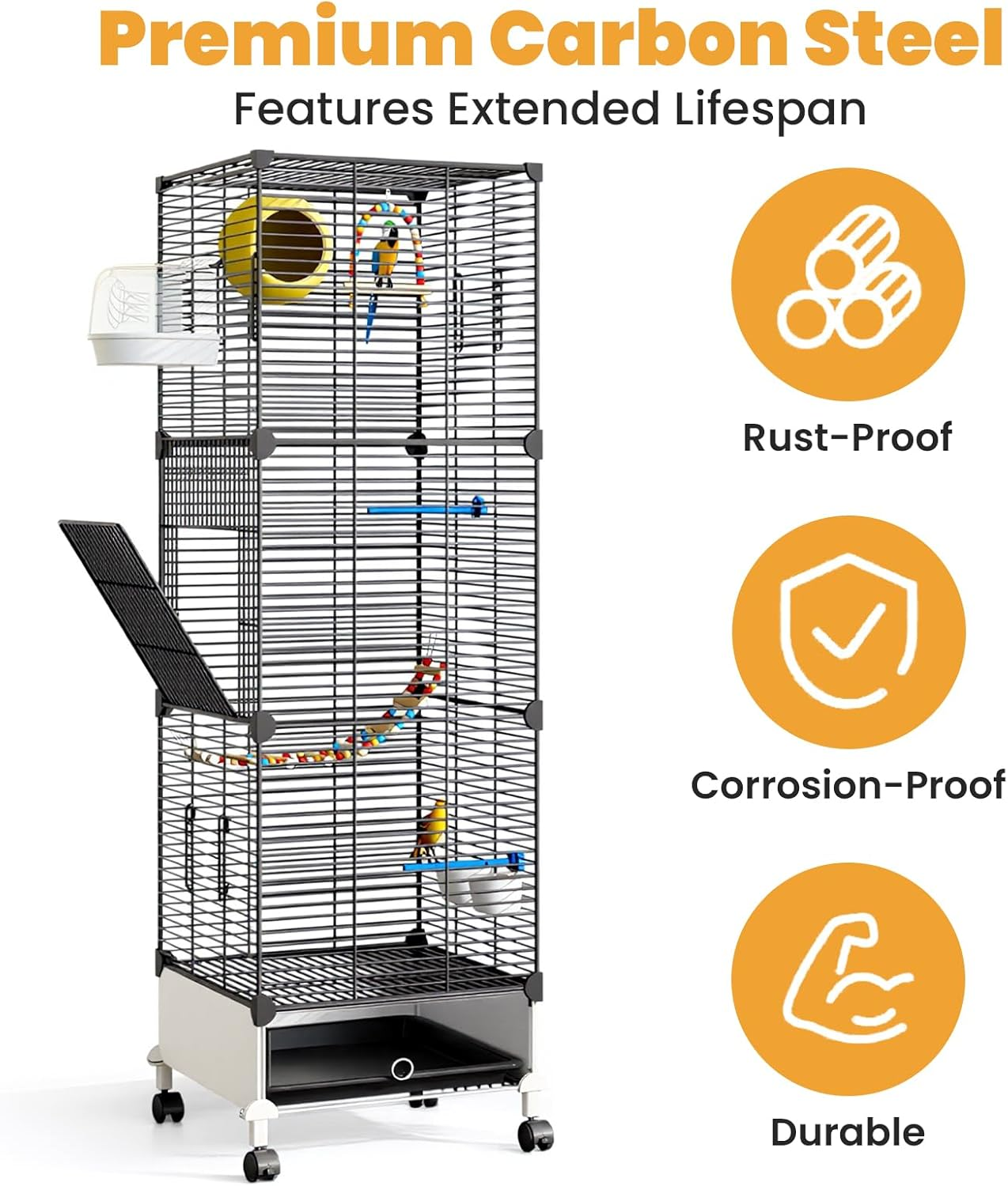 Uandhome Large Bird Cage, Wrought Iron Parrot Cage, Bird Cages with Wheels, Parakeet Flight Cage, Side Nesting Doors, Heavy-Duty Pet Birds House for Birds Aviary, Parakeets, Standing Birdcages(Black) image number 1