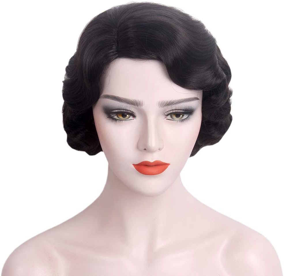 Stfantasy 1920S Brown Retro Finger Wave Wigs Long Curly Natural Wavy Synthetic Wig for Women Daily Costume Party (Black)