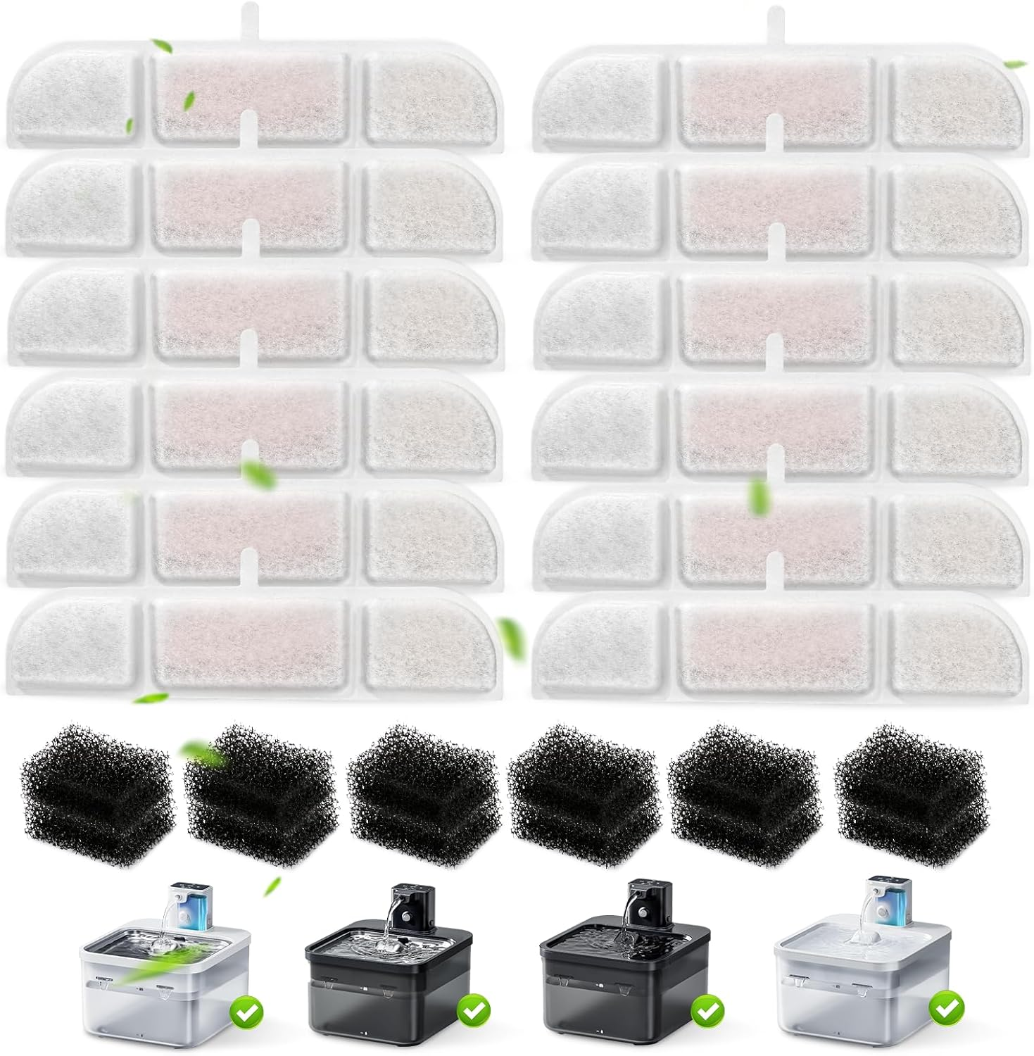Vindox Cat Fountain Filter, 24 Pack, 12 Activated Carbon & Ion Exchange Resin Filters, 12 Foam Filters for 2.5L DPWFP6 Cat Fountain image number 1