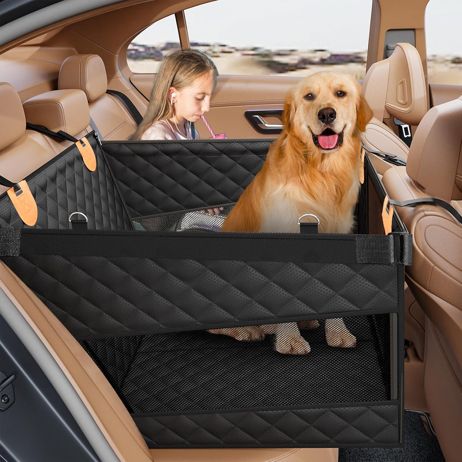 PETICON Large Dog Car Seat, Back Seat Extender for Dogs with 3 Mesh Windows, Waterproof Medium Carseat for Dogs with Hard Bottom, Pet Seat Cover for Cars, Trucks and Suvs (Black) image number 3