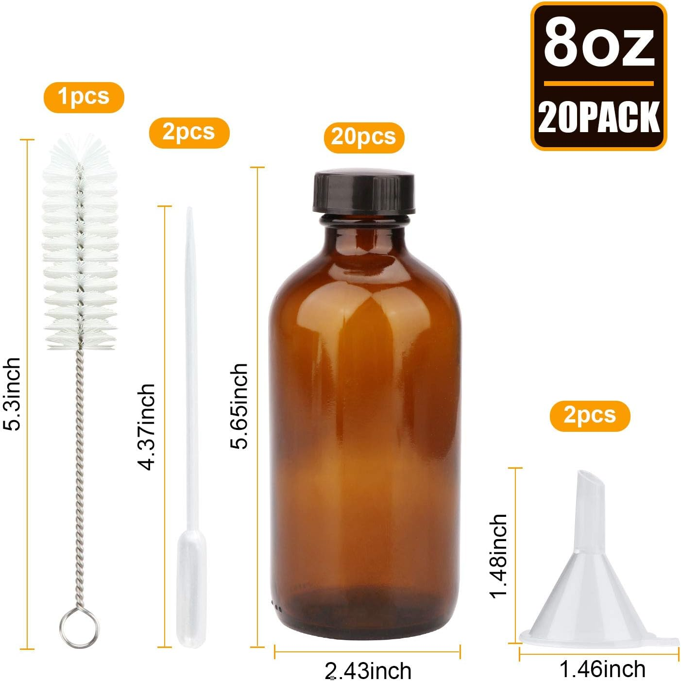 Maredash 8Oz Amber Glass Bottles, 20 Pack Glass Storage Bottles with Black Lids (Brown, 20 Labels, with Funnels, Droppers and Brush)