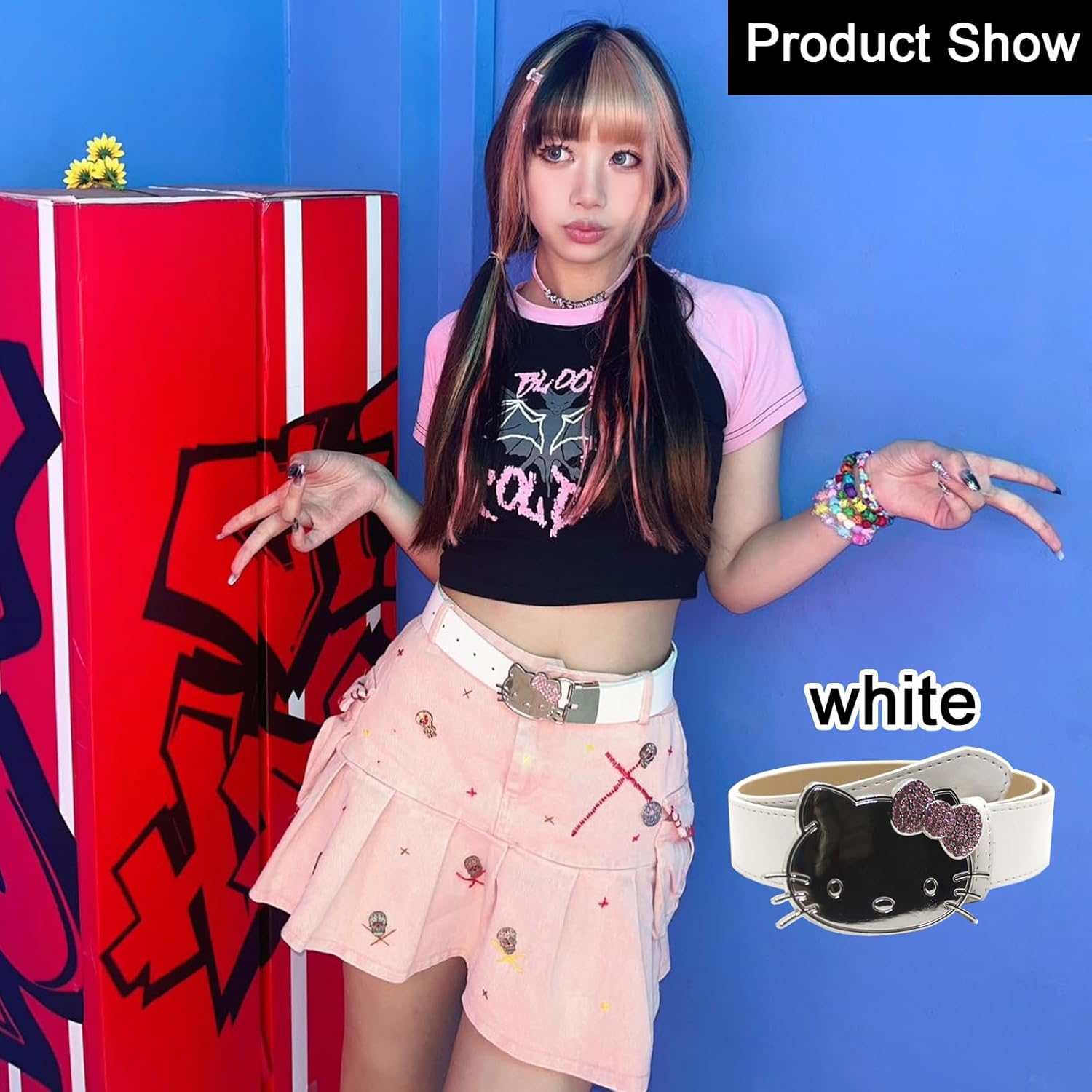 Kitty Cat Y2K Hip Hop Korean Belt for Women - Jeans Skirt Accessory - 105 * 3.3 Cm/41.3 * 1.3 In