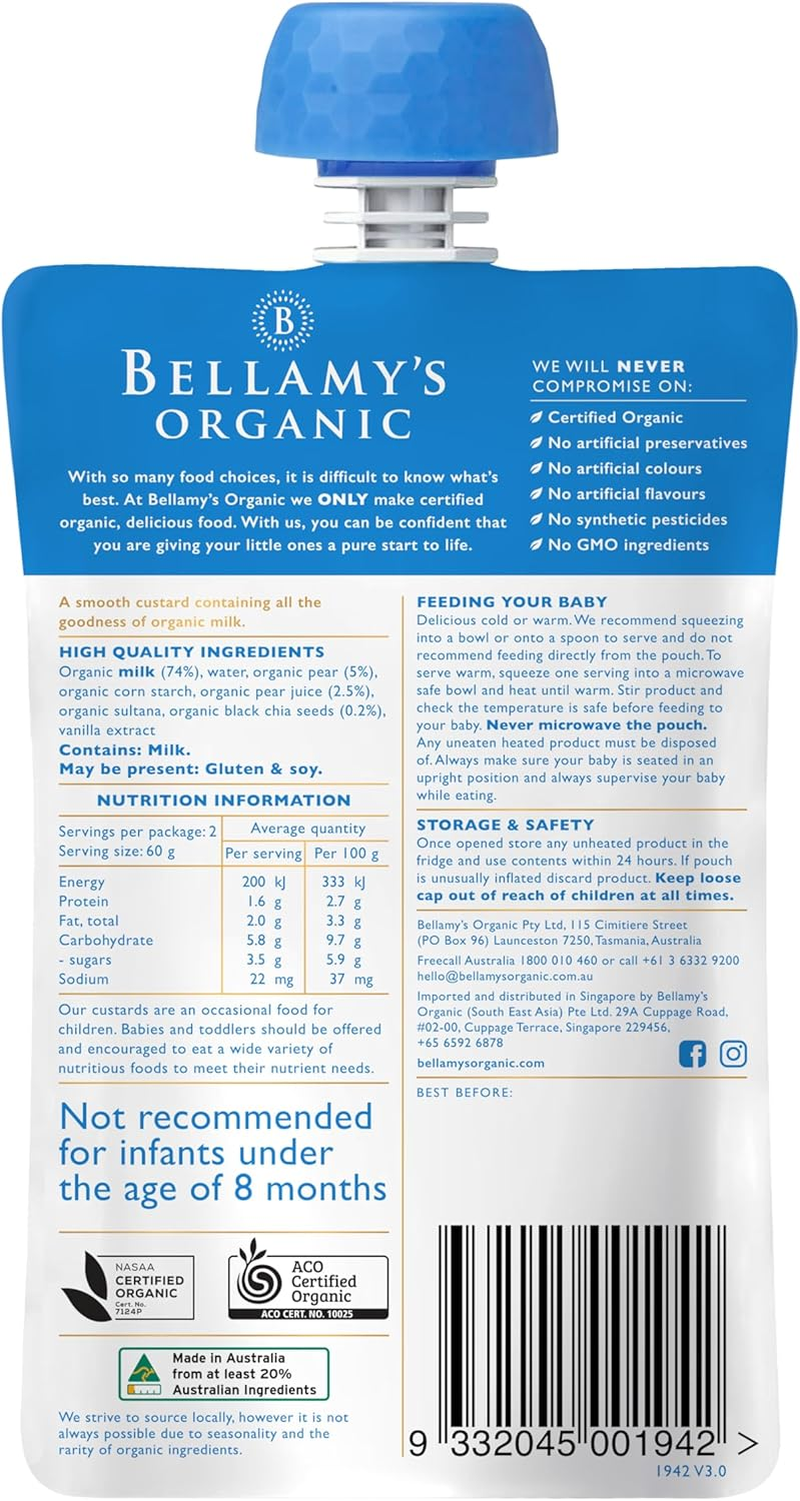 Bellamy'S Organic Vanilla & Pear Custard with Chia Seeds 120G, Baby Food, 8M+, Bulk (6 X 120G)