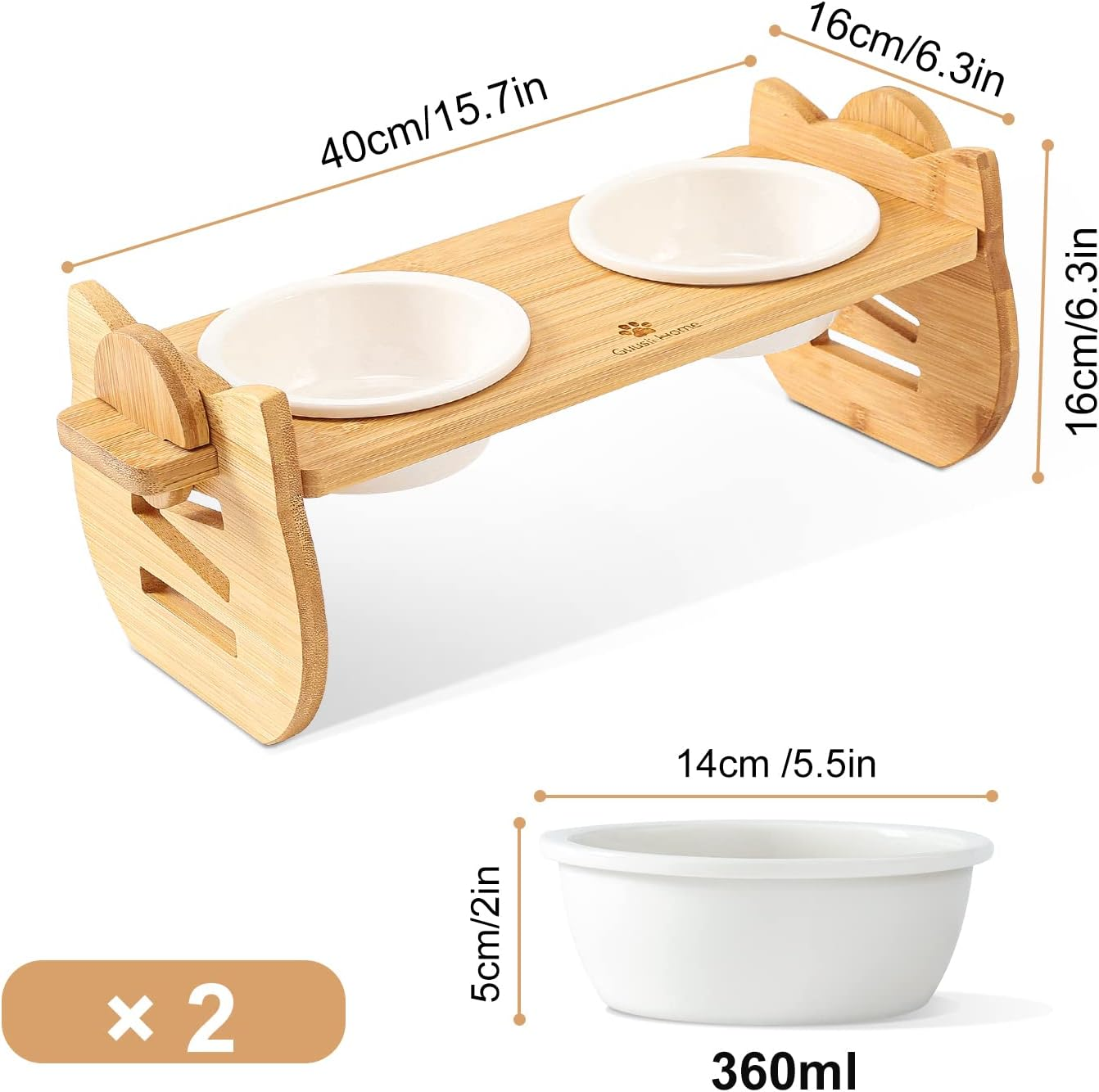 Bamboo Food Bar for Cats Tilted by 15&deg; and Raised 5-12.5 Cm Ergonomic Cat Bowl Ceramic Bowl Cat Raised and Ergonomic Tilted Cat Feeding Bowl Cat Ceramic image number 2