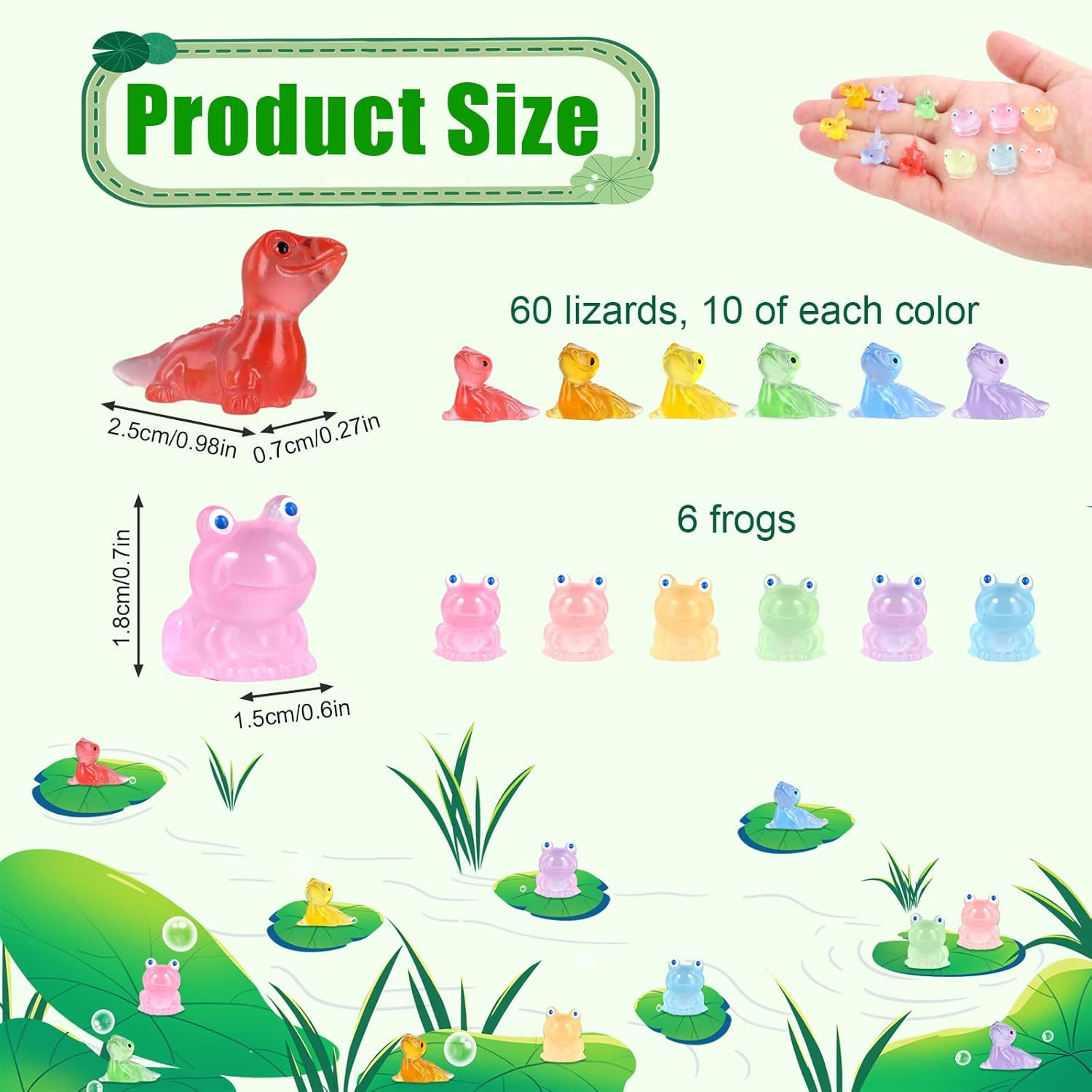 60Pcs Mini Resin Lizard Miniature & 6Pcs Mini Resin Luminous Frogs, Tiny Resin Glowing Lizard Frogs Ornaments Decor for Garden Landscape Home Decoration & Party Cake Headbands DIY image number 1