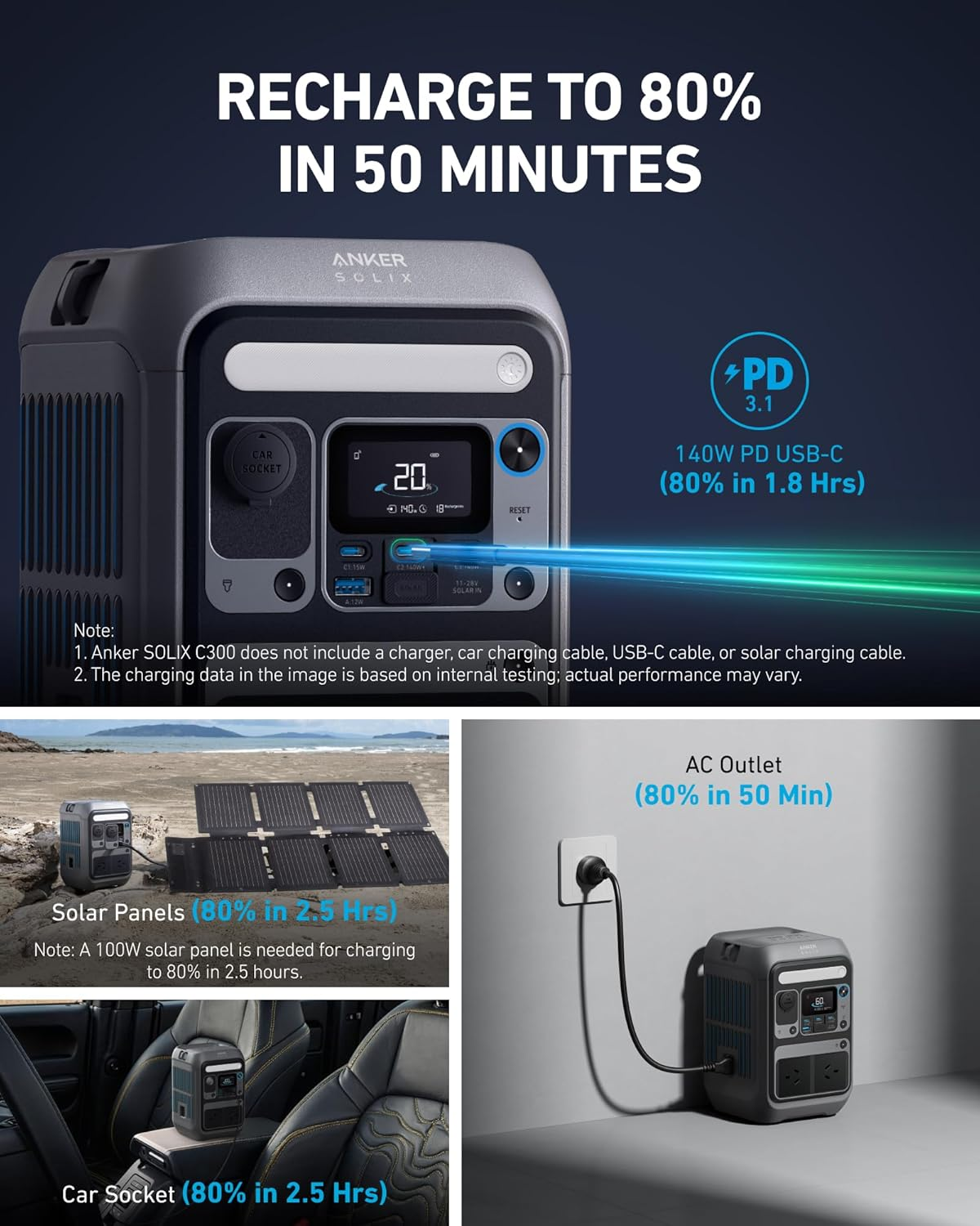 Anker Portable Power Station SOLIX C300, 288Wh Lifepo4 Battery, 300W (600W Surge) Solar Generator, 140W Two-Way Fast Charging, for Outdoor Camping, Traveling, and Emergencies (Solar Panel Optional) image number 1