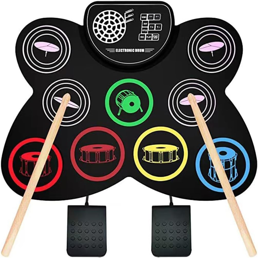 Electronic Drum Set, 9-Drum Practice Pad with Headphone Jack, Roll-Up Drum Kit Machine with Built-In Speaker Drum Pedals and Sticks 10 Hours Playtime, Great Birthday Holiday Gifts for Kids image number 3