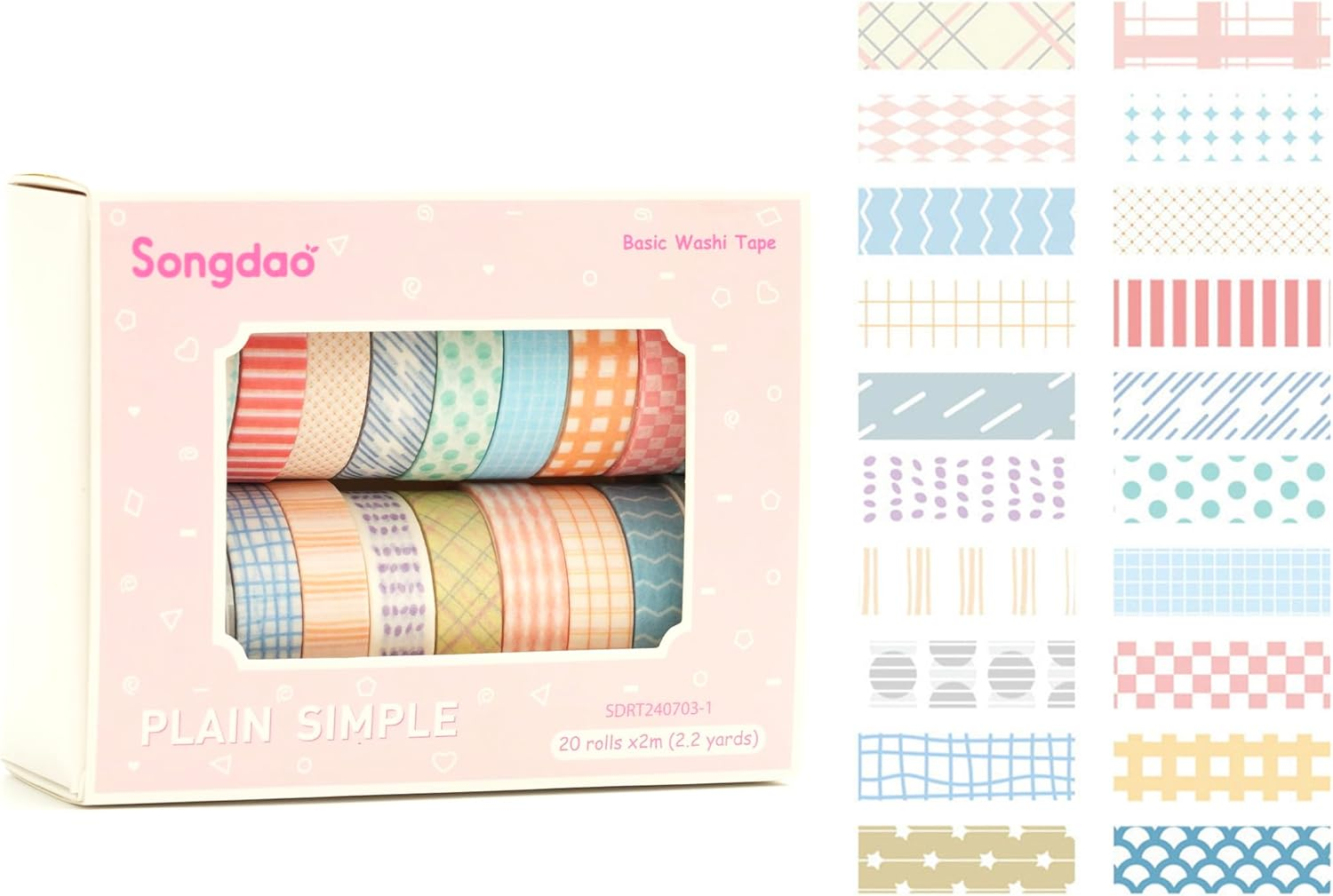Songdao 20 Rolls Basic Washi Tape Set Japanese Arts Adhesive Tapes Simple Patterns Decorative Masking Tape Sets for Craft, Kids, Scrapbook, DIY, Gift Wrapping (Style One)