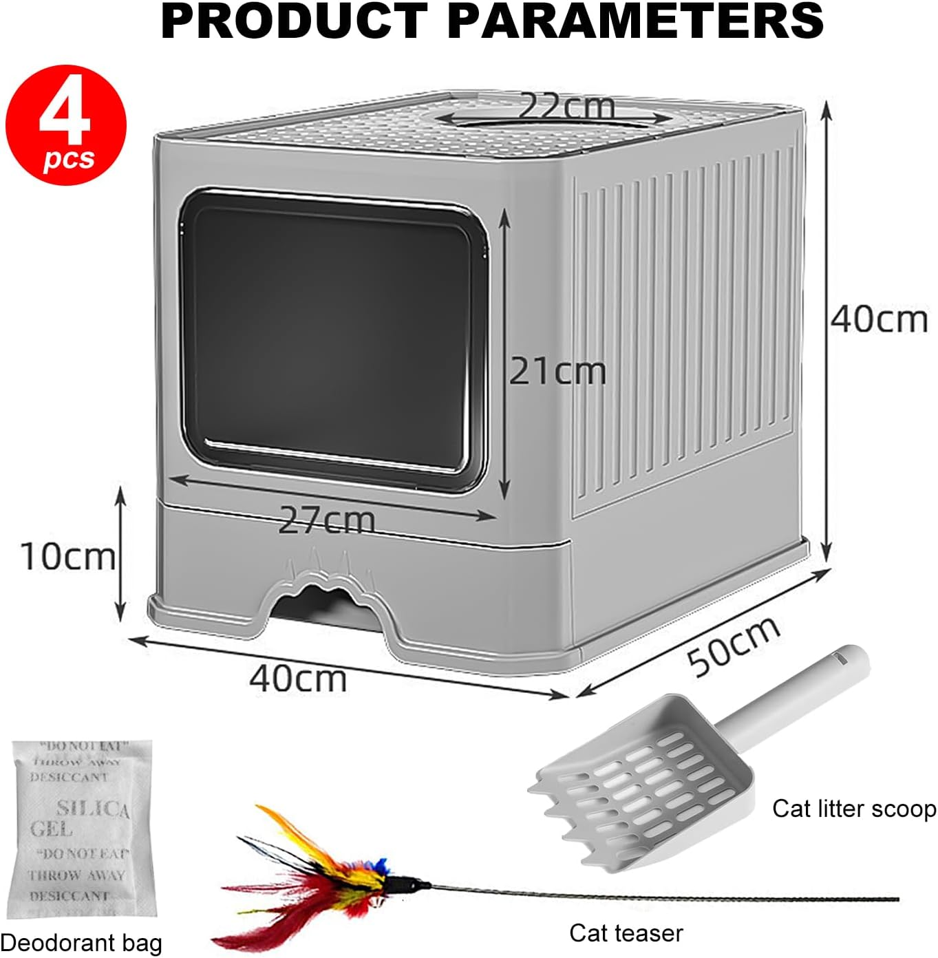 Extra Large Cat Litter Box, 50X40X40Cm Cat Litter Box Front Entry with Lid Fully Enclosed, Drawer Design and Cat Teaser for Easy Cleaning and Convenience (Grey, L)