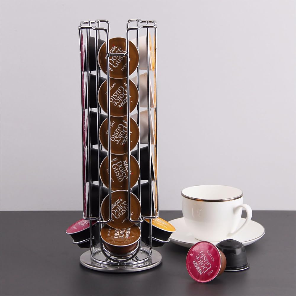 BIGTEDDY Dolce Gusto Coffee Capsule Storage Rack, 24 Pods, Silver, Modern, Revolving, Countertop, Home, Bar, Office, Restaurant, 13*13*33 Cm image number 4
