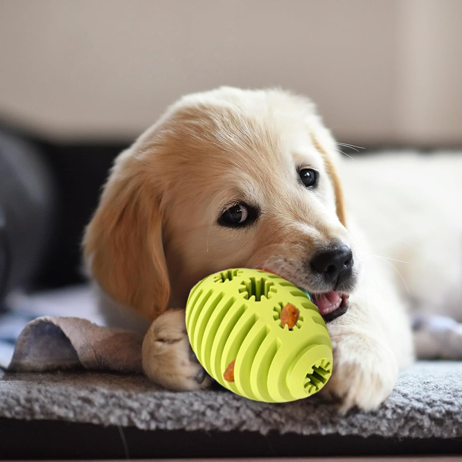 Food Toy Dog Food Ball, Snack Ball, Treat Ball, Dog Toy Intelligence Fillable Made of Natural Rubber, with Dental Dental Care for Pets, Dogs, IQ Training Ball, Green Rugby image number 3