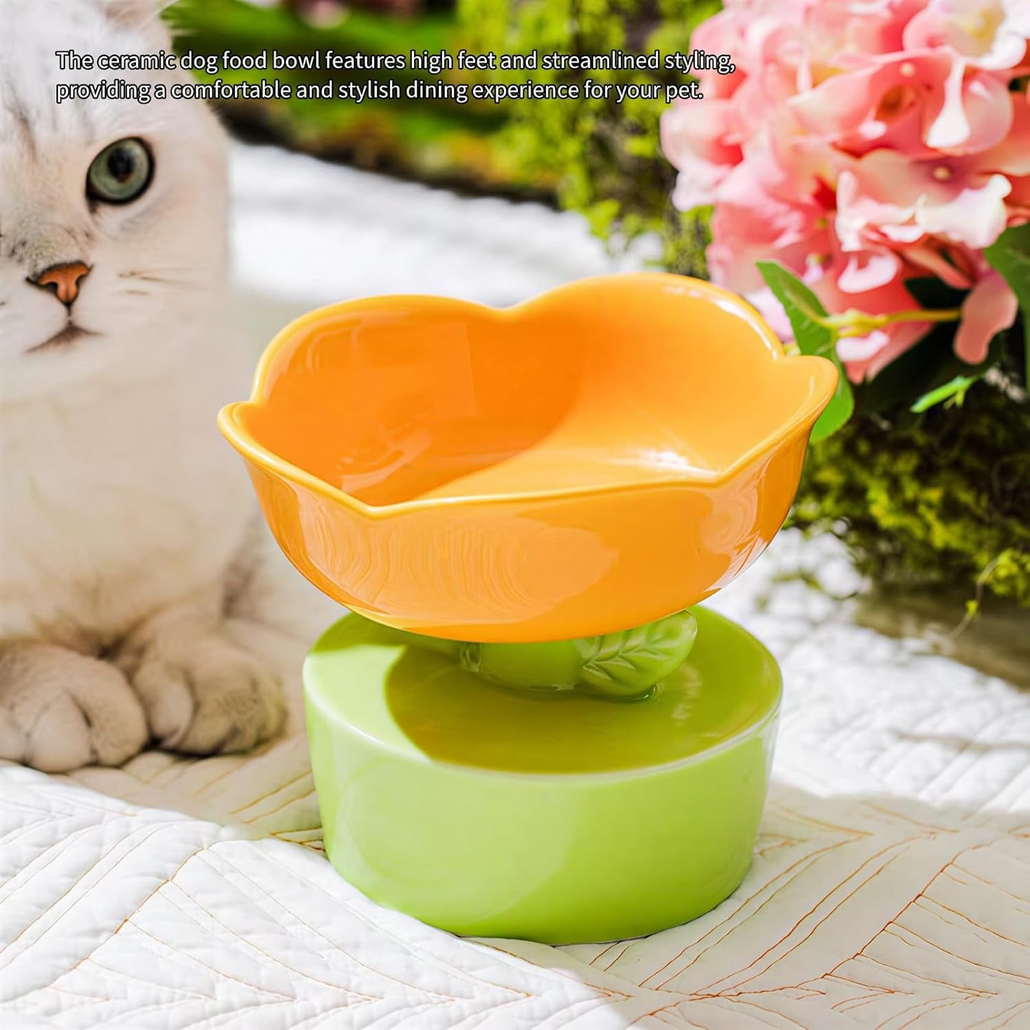 Ceramic Cat Food Bowl Cute Flower Shape Large Capacity, Neck Spine Protection Raised Pet Food Bowl for Cats Dogs Pets, Elevated Cat Ceramic Bowl (Orange) image number 1