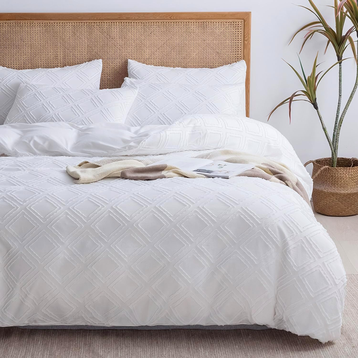 JELLYMONI 100% Natural Cotton 3Pcs Striped Duvet Cover Sets, Dark Grey Duvet Cover with White Stripes Pattern Printed Comforter Cover, with Zipper Closure & Corner Ties(Queen Size)