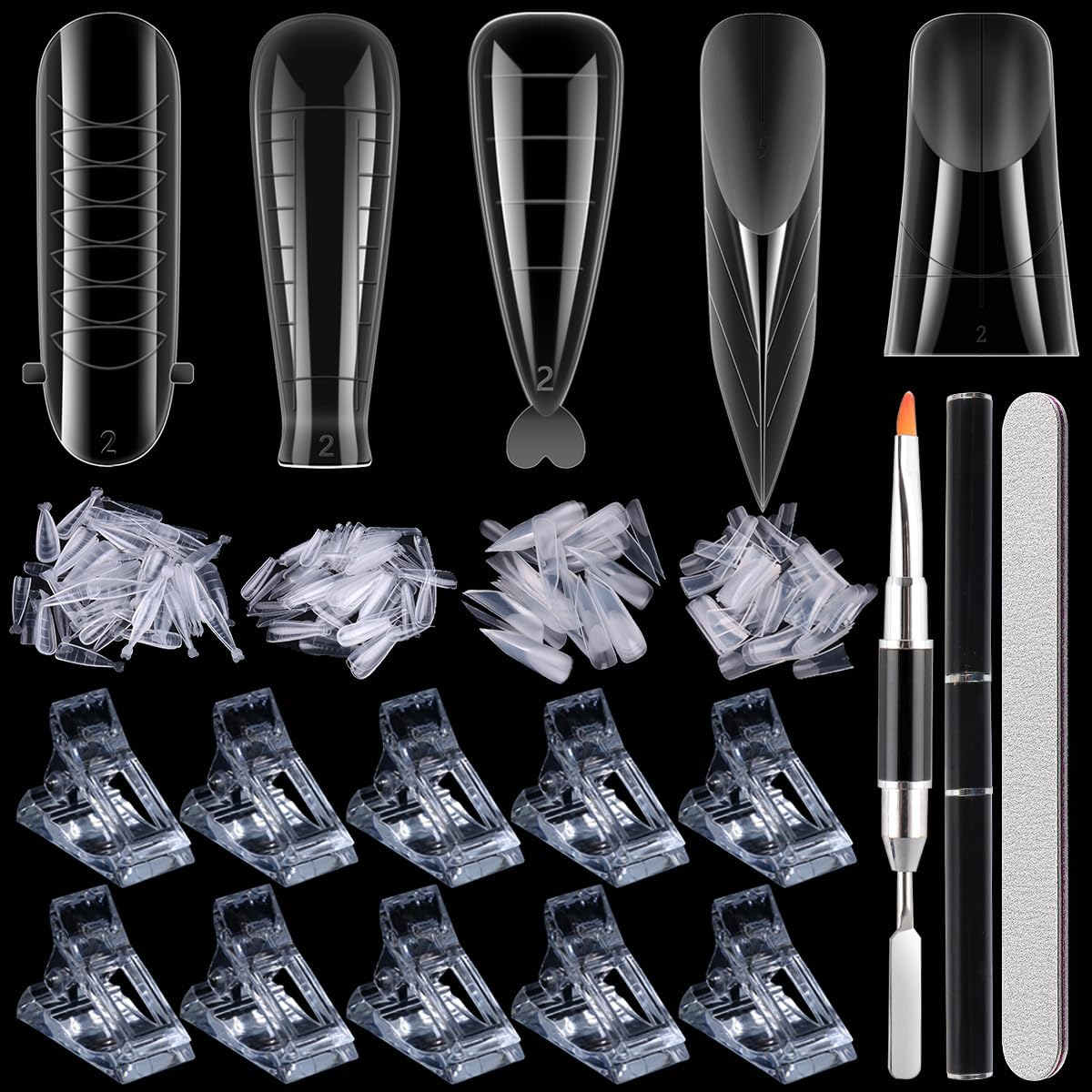 Dual Forms for Polygel, 348PCS Nail Molds for Builder Gel, 12 Sizes Stiletto Ballerina Coffin Dual Forms Poly Gel Nail Tips, Extension Forms with 10PCS Nail Clips, Nail Extension Tools Kit