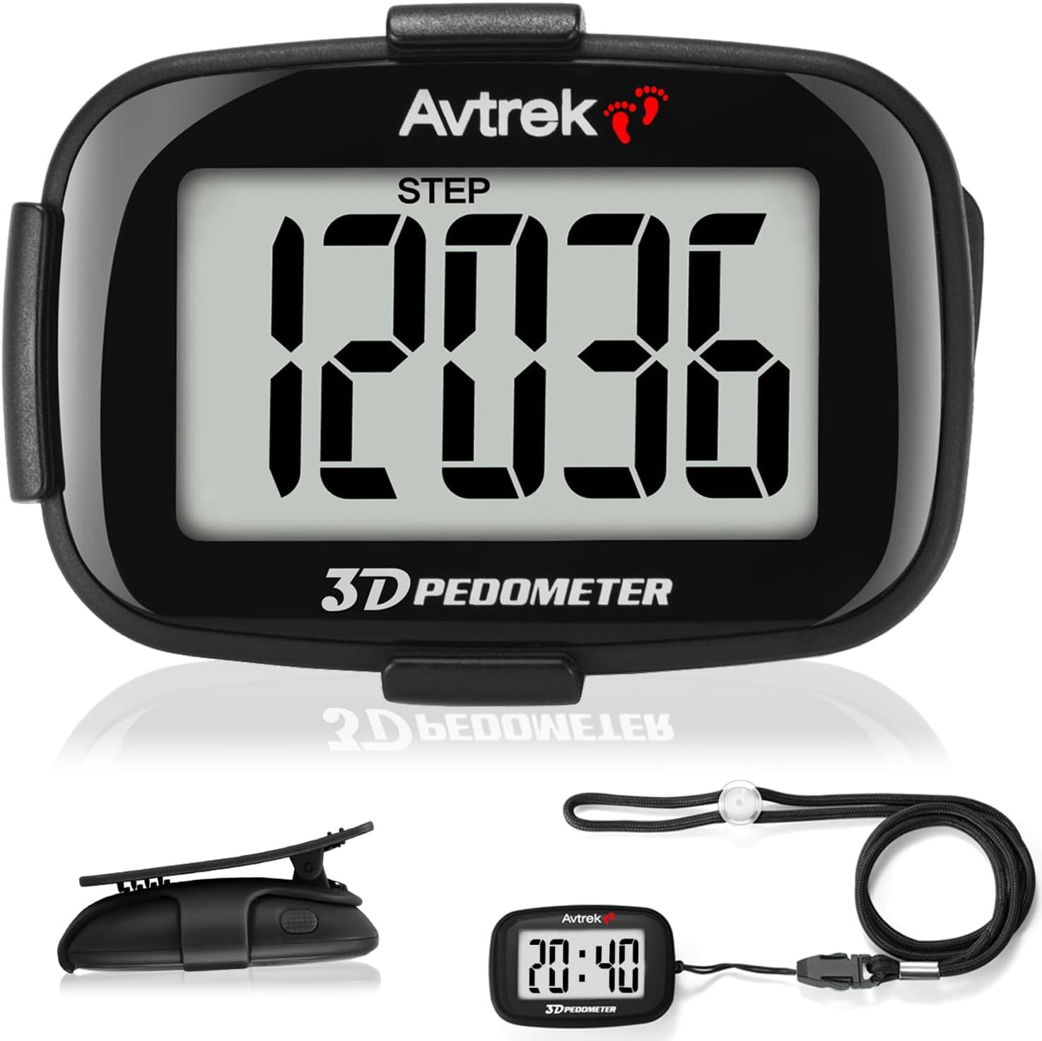 AVTREK Accurate 3D Step Counter for Walking Jumbo Screen Numbers Pedometer Clip on for Running with Time Display and LED Backlight Pedometers with Clip and Lanyard&hellip;