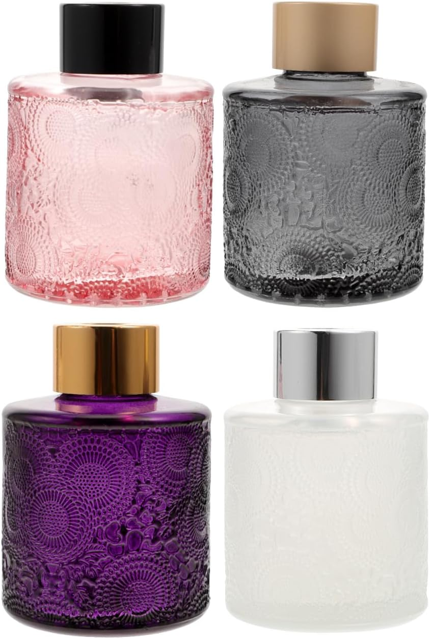 Operitacx 4Pcs Glass Diffuser Bottles Set of 4, 3.5 Height 100ML, Small Bottle Shape, Diffuser Jars for Home Fragrance (White, Pink, Grey, Purple)