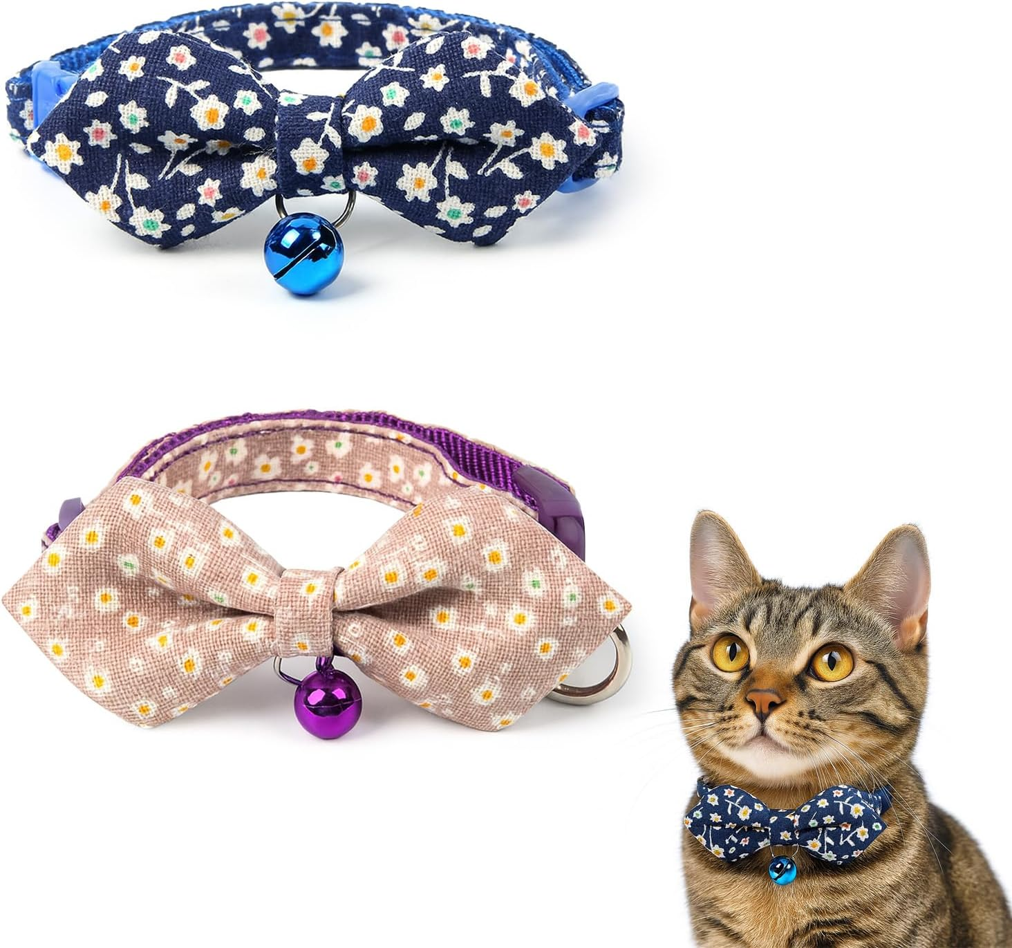 ARYIMYDP Pack of 2 Cat Collars with Safety Clasp and Bell, Adjustable Collar for Cats and Dogs, Lightweight Bow Design with Floral Pattern, Comfortable, Breathable (19-27 Cm) image number 2