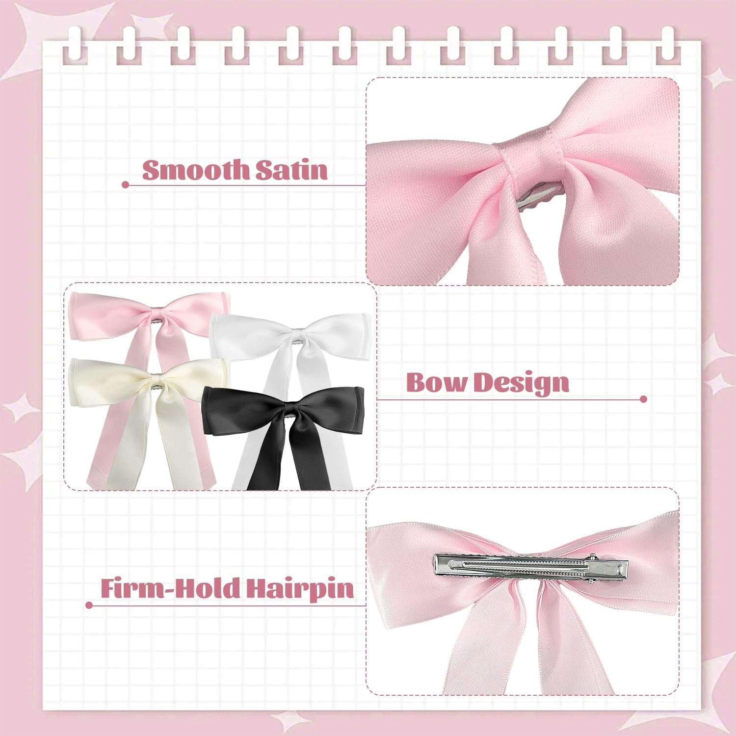 IGXX 4PCS Hair Bows, Satin Bow Hair Clips with Metal Clips, Hair Accessories for Women & Girls (White Black Pink Beige)