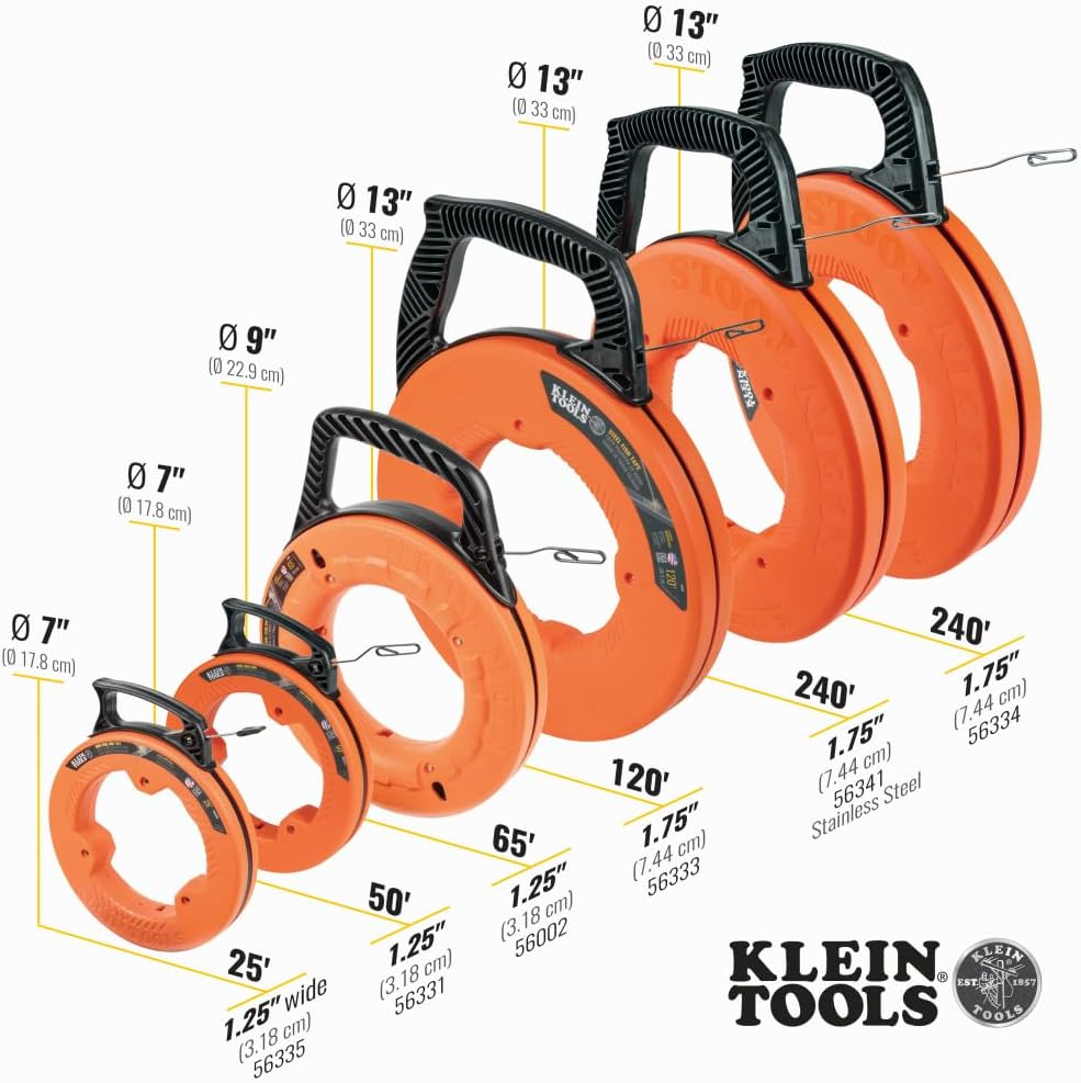 Klein Tools 56335 Flat Steel Electrical Fish Tape, 25-Foot 1/4-Inch Wide