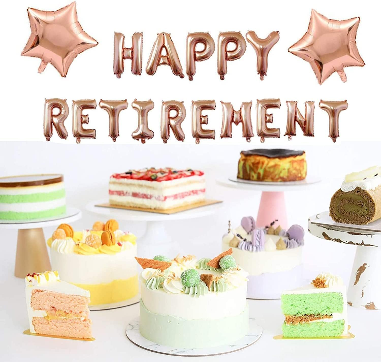 Happy Retirement Letter Balloons Banner with 2 Rose Gold Star Balloons Retired Congrats Retirement Party Decorations Supplies