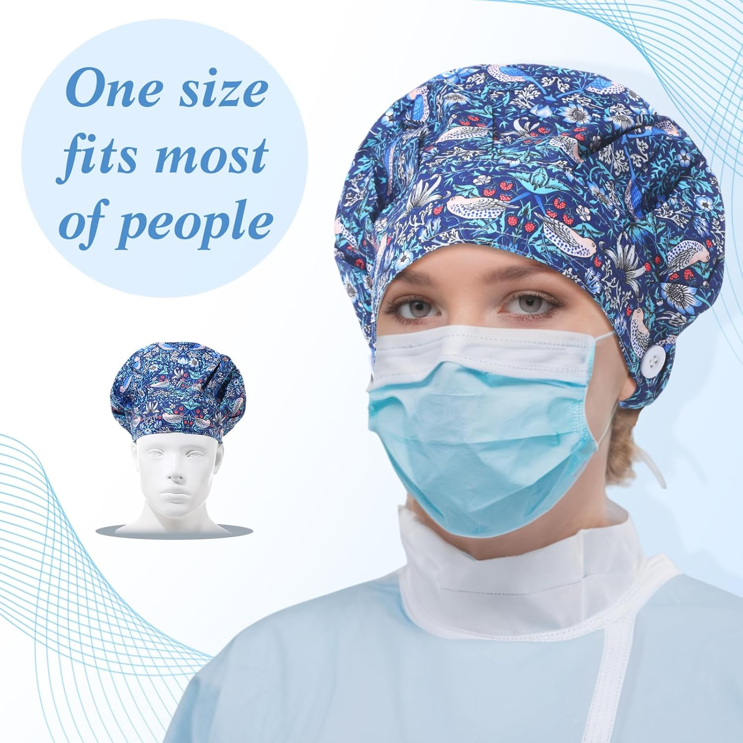 Geyoga 5 Pieces Adjustable Bouffant Caps with Buttons Printed Tie Back Hats with Sweatband Hat for Women Men, 5 Styles, Multi Color, 1 image number 2