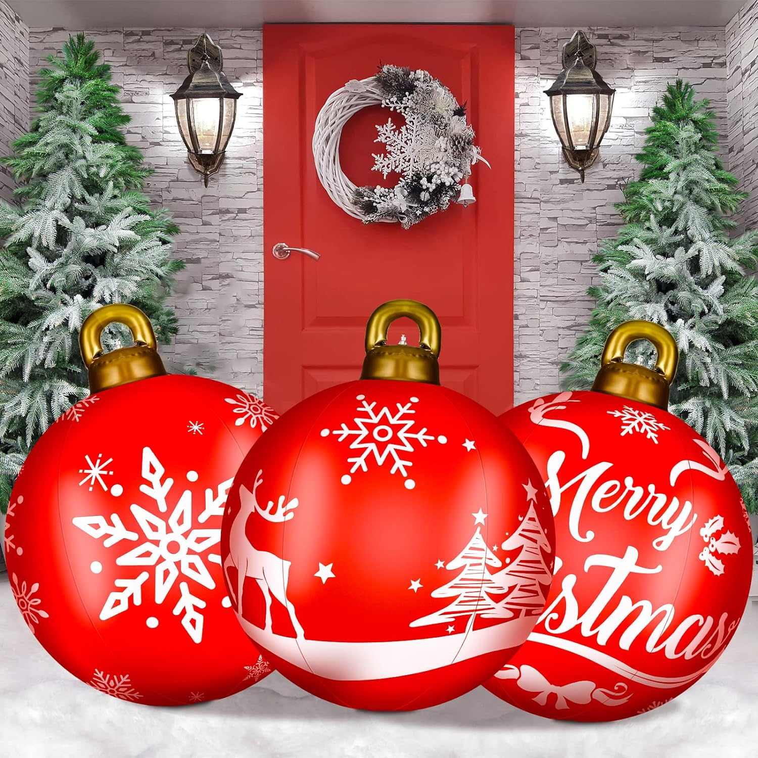 Jetec 3 Pcs 32" Giant Inflatable Christmas Ball PVC Inflatable Decorated Ball Large Holiday Inflatables Outdoor Decorations Xmas Blow up Yard Decor Giant Ornaments(Red,Snowflake)