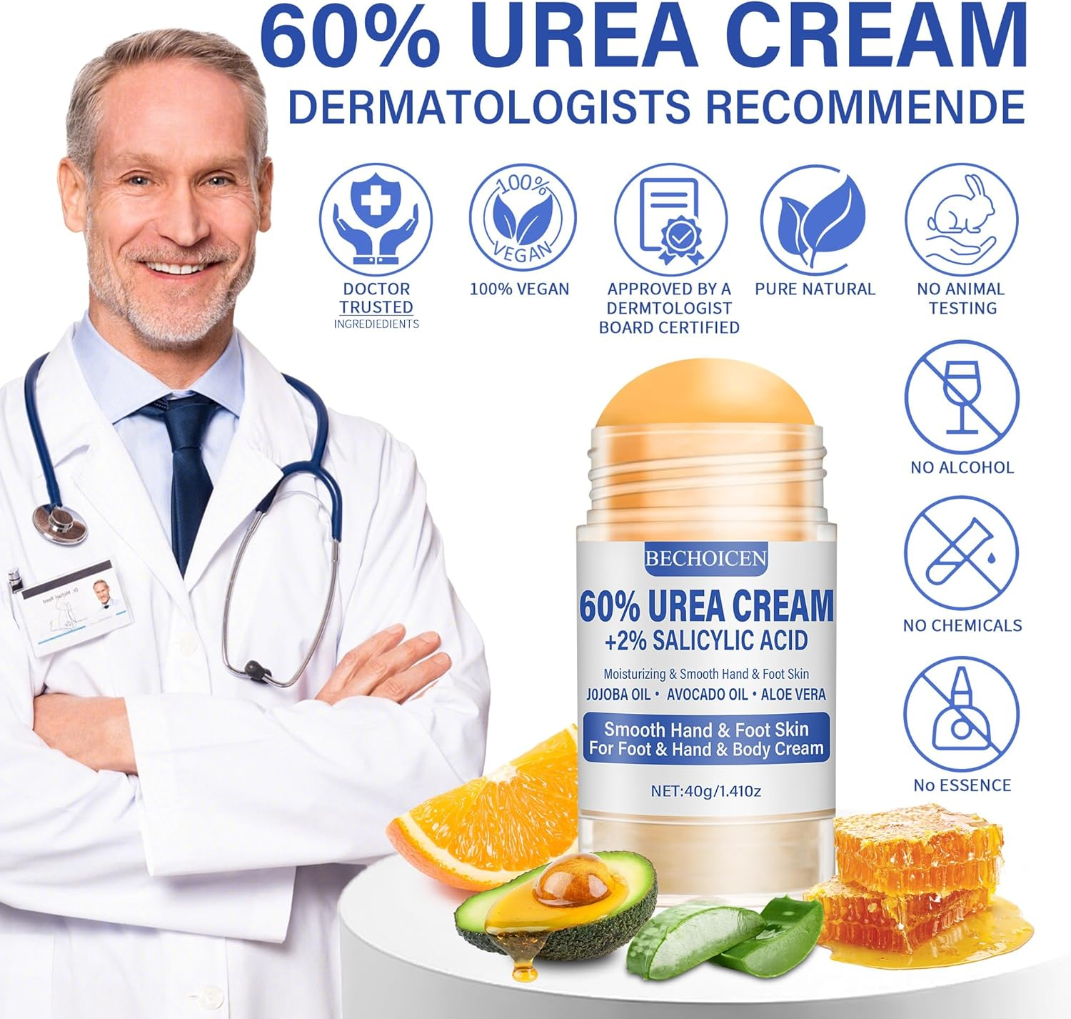 Urea Cream 60 Percent for Feet with 2% Salicylic Acid - Heel Balm,Foot Cream for Dry Cracked Feet,Cracked Heel Repair,Exfoliate Foot Skin,40G,1Pcs