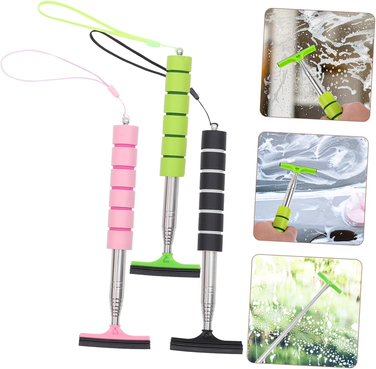 GANAZONO 3Pcs Retractable Car Window Squeegee and Side Mirror Cleaner Brush Set, Telescopic Handle Windshield Cleaner for Automotive Glass, Car Exterior Cleaning Tool for Home and Travel