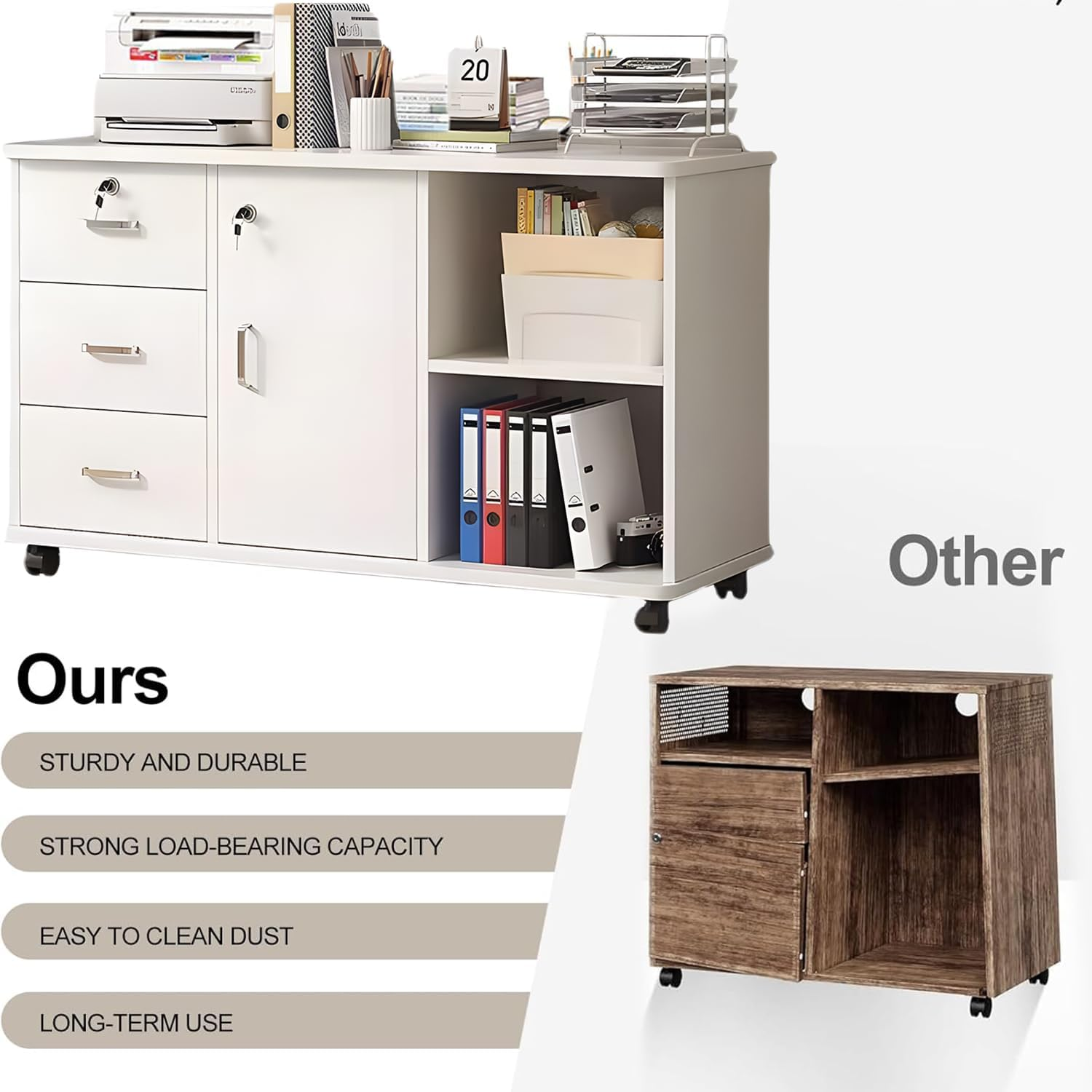 Uandhome File Cabinet, Printer Open Storage Shelf, Floor Table A4 Low Cabinet for Home Office, Mobile Lateral Drawer Cabinet with Lock, Office Furniture Space Organizer(White) image number 4