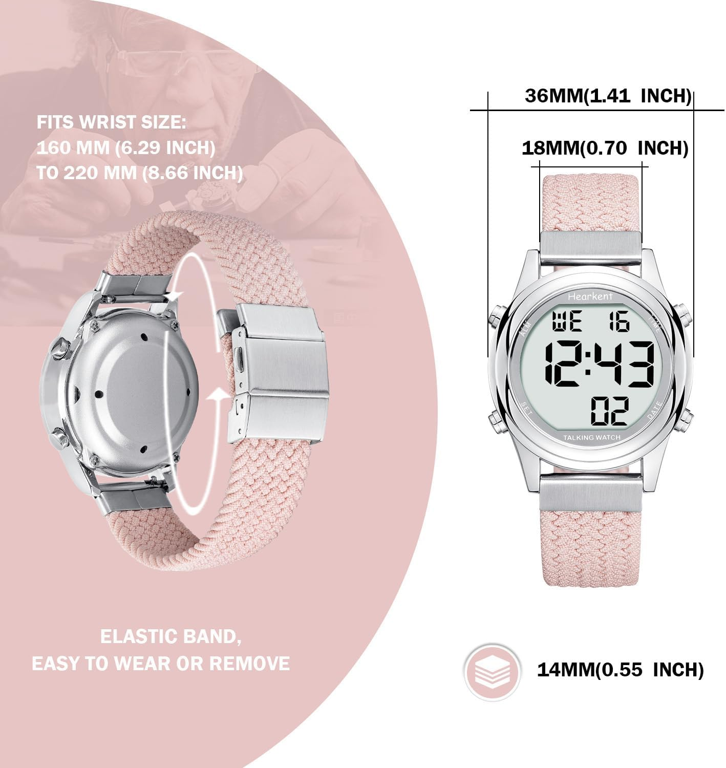 Hearkent Talking Watch for Women, Loud Clear Voice for Elderly Blind or Visually Impaired, Large Number Watch for Seniors - Black image number 1