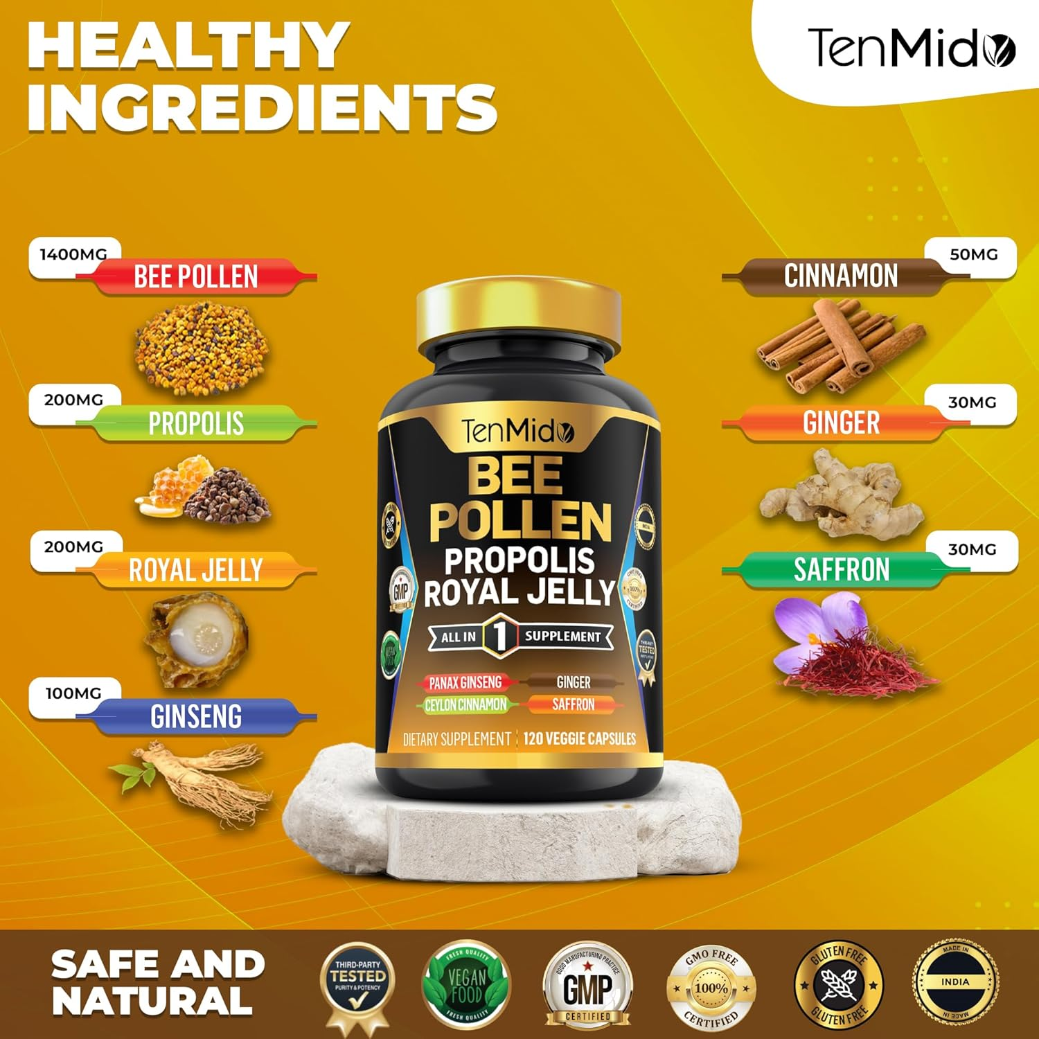 Organic Bee Pollen Supplement - 7In1 Formula - Combine with Propolis, Royal Jelly, Panax Ginseng, Ceylon Cinnamon, Ginger, and Saffron - Digestive Health, Immune Support - 120 Capsules image number 2