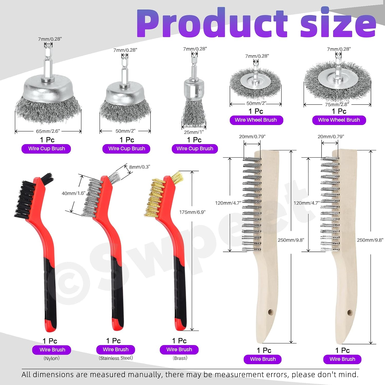 Swpeet 10Pcs Wire Brush Set, Including 5Pcs Wire Wheel Cup Brush, 3Pcs Stainless Steel/Brass/Nylon Bristles with Curved Handle Grip and 2Pcs Stainless & Carbon Steel Wire Brush for Deep Cleaning image number 4
