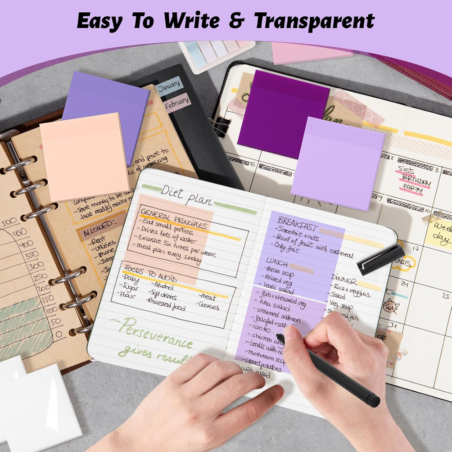 &lrm;SYMDROMIA Transparent Sticky Notes, 3"X3" Clear Post Translucent Sticky Notes with See through Self-Adhesive Sticky Pads for Office School College Supplies, 800 Sheets Lavender Purple