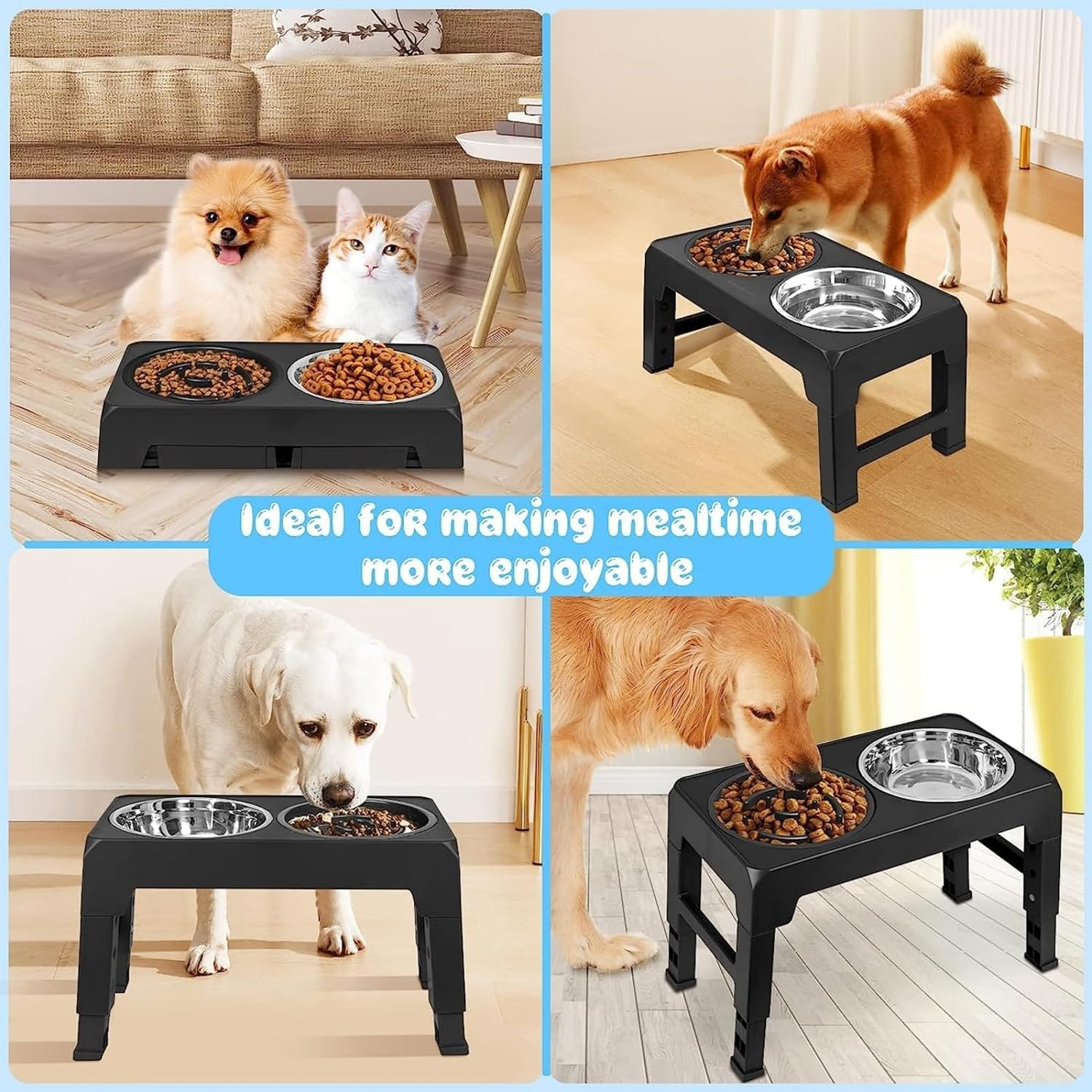 Elevated Raised Slow Feeder Bowls, 4 Height Adjustable Stand with Stainless Steel Water Bowl and Non-Slip Food Bowls for Large Medium Small Dogs and Pets (Black) image number 5