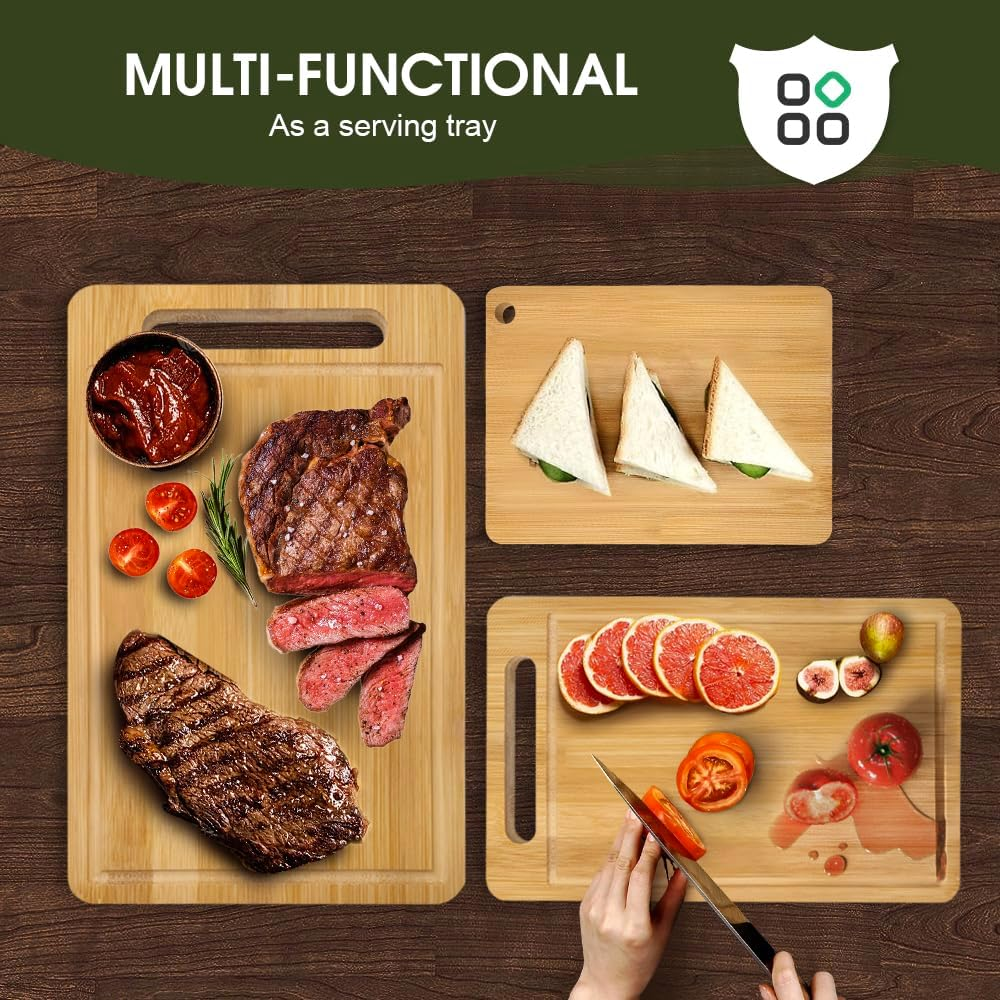 Chamgeco 3-Piece Reversible Bamboo Cutting Boards, Wooden Chopping Boards Set for Meat Vegetables Cheese, Chopping Mats Serving Tray with Juice Grooves & Handles Perfect for Meal Prep, Charcuterie image number 3