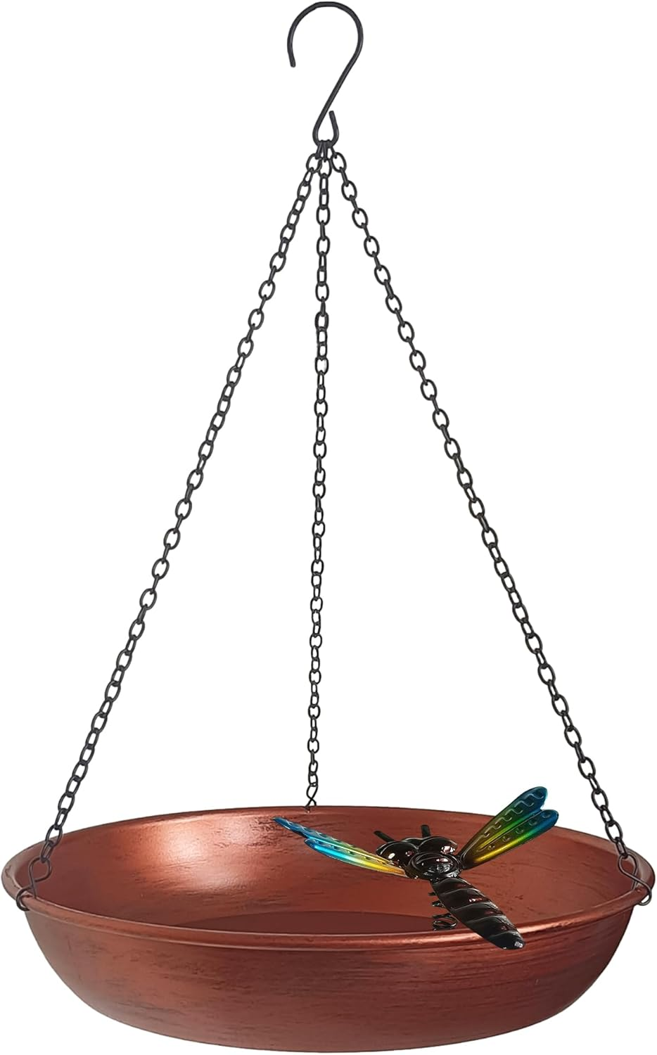 Hanging Birdbath Bird Feeder for Outdoor 11&rdquo; Antique Copper Cute Small Metal Bird Bath Bowl with Detachable Black Chain Metal Dragonfly for Garden Backyard Decor