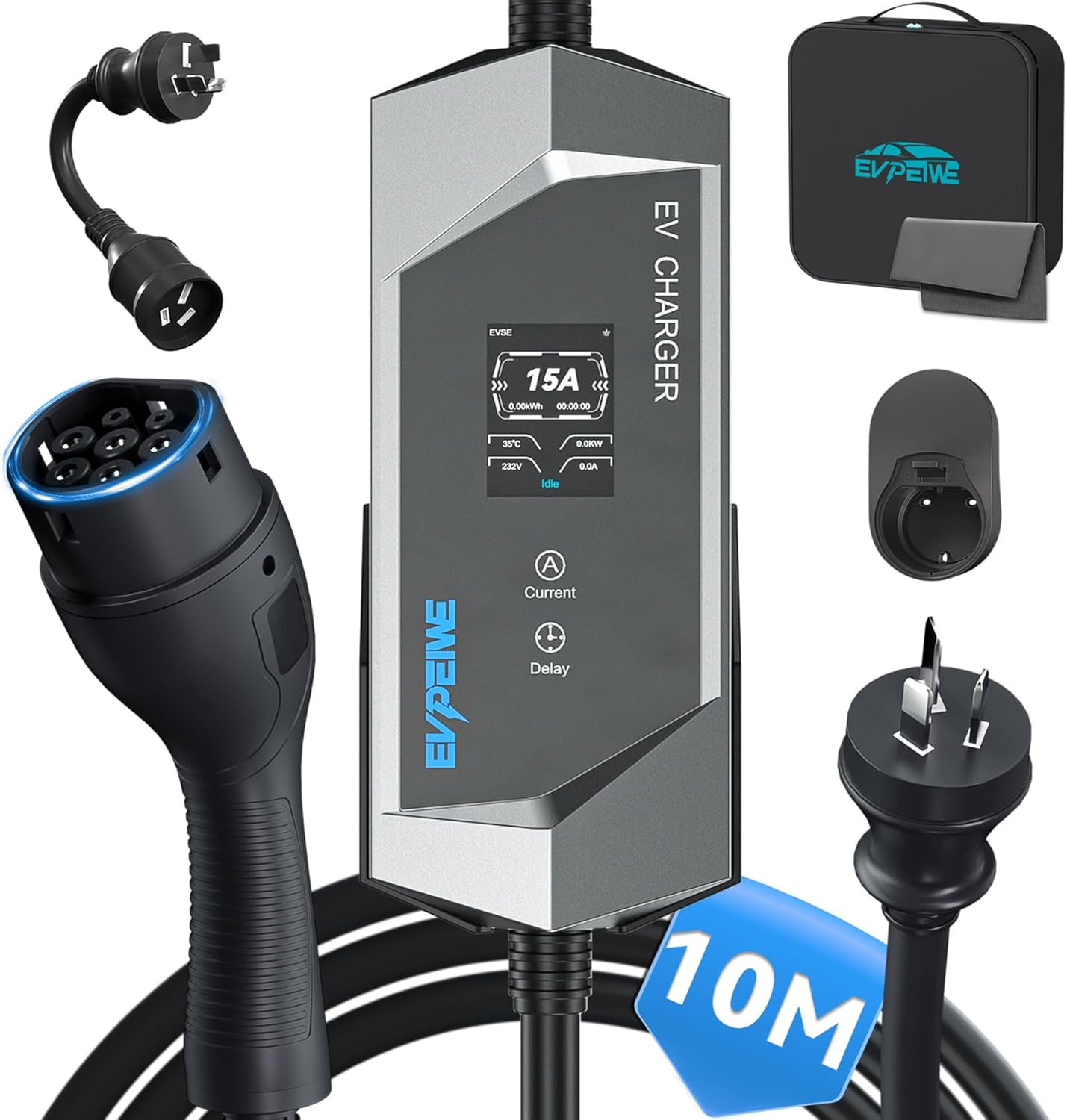 EVPEIWE Type 2 EV Charger 10A/15A EV Charging Cable with Australian 15A Plug/10A Adapter Adjustable Current Portable Type 2 Charger for Tesla BYD MG All IEC-62196 Evs, Black/5M