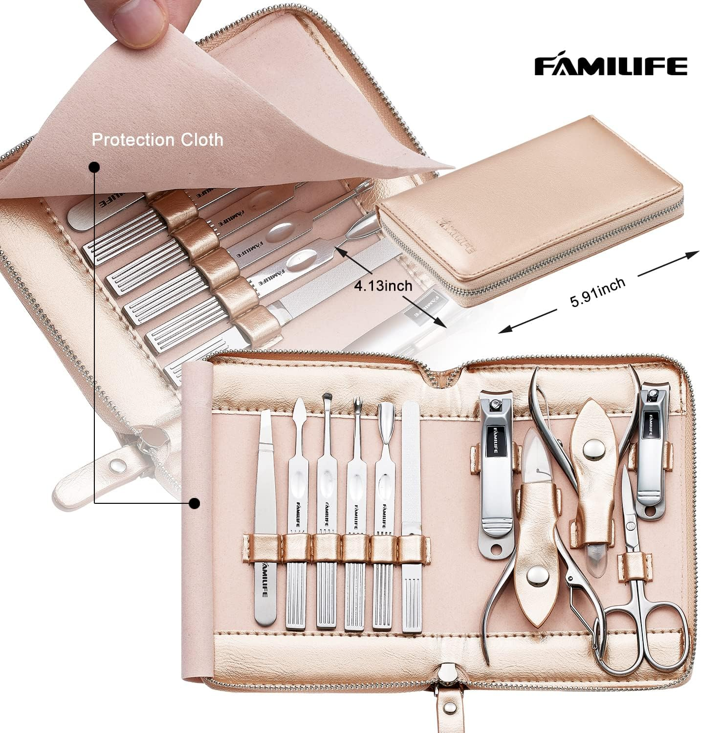 Manicure Set, FAMILIFE Professional Manicure Kit Nail Clippers Set 11 in 1 Stainless Steel Pedicure Tools Kit Grooming Kit with Portable Brown Leather Travel Case for Men (Gold)